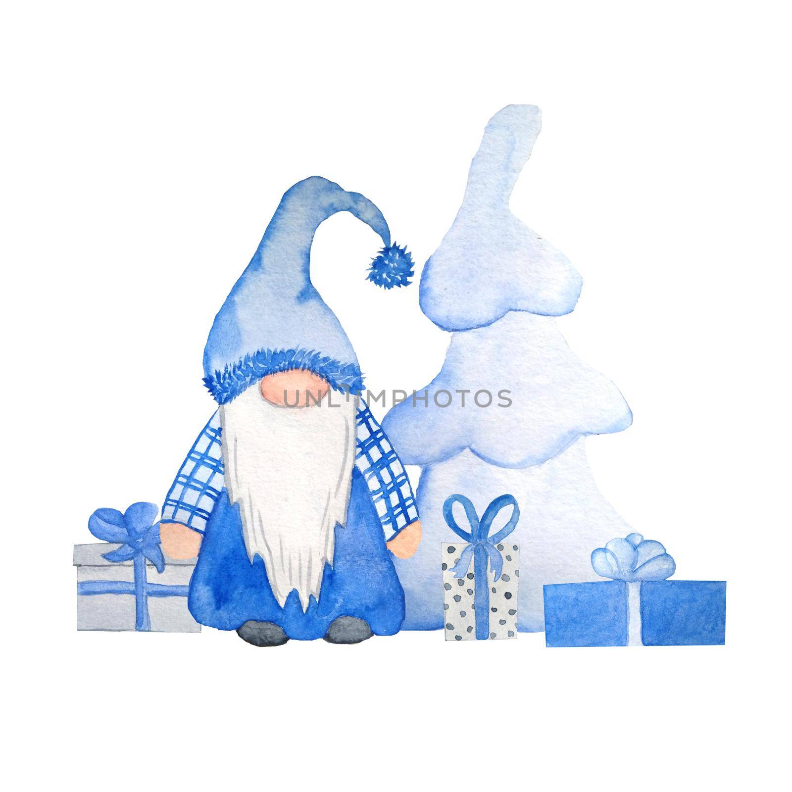 Watercolor hand drawn illustration of Christmas nordic scandinavian gnome. Design for new year cards invitations in neutral blue grey. Christmas tree presents gifts ornament decoration cartoon