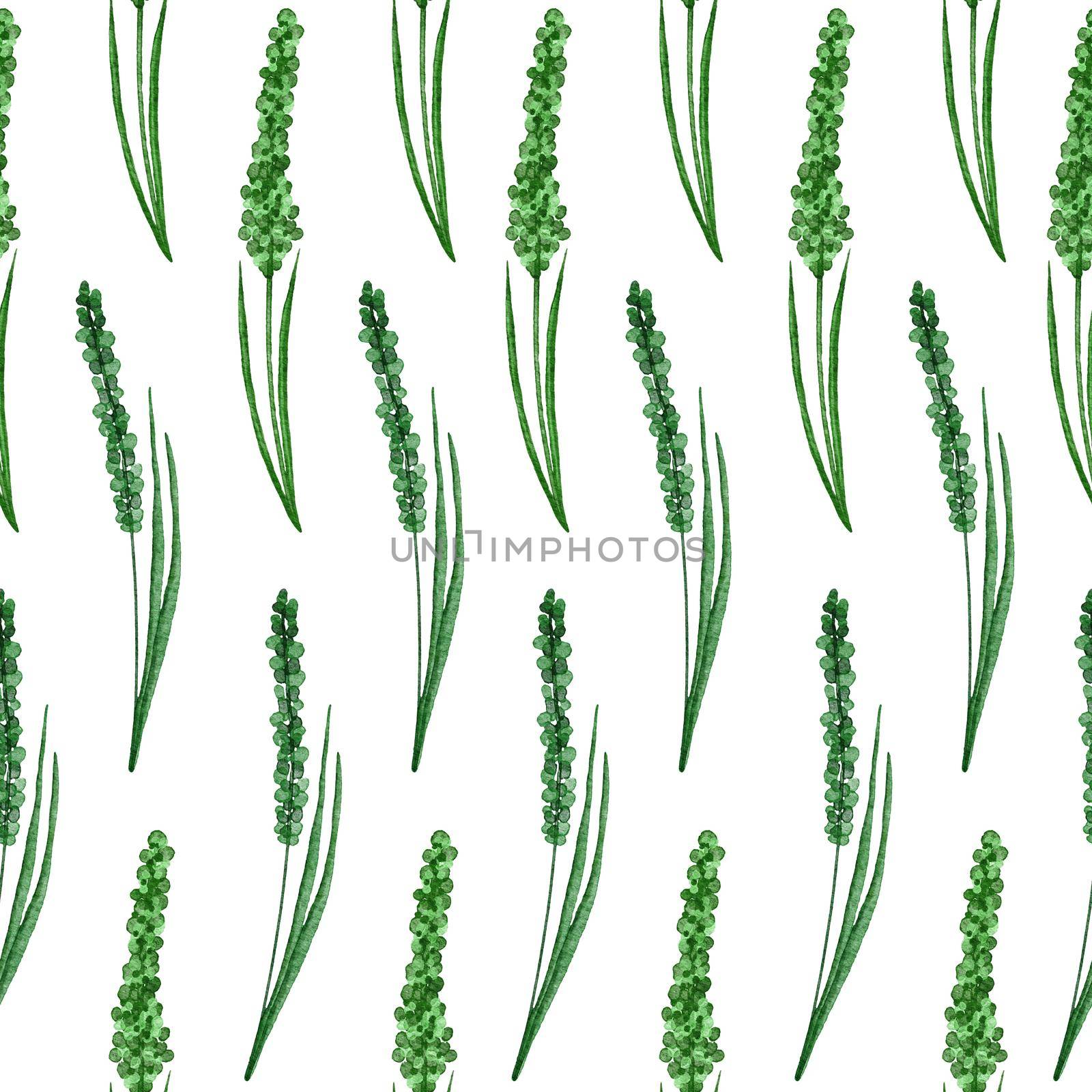 Watercolor hand drawn seamless pattern with green leaves natural leaf greenery, wild herbs fabricprint design. Elegant foliage background for wallpaper textile