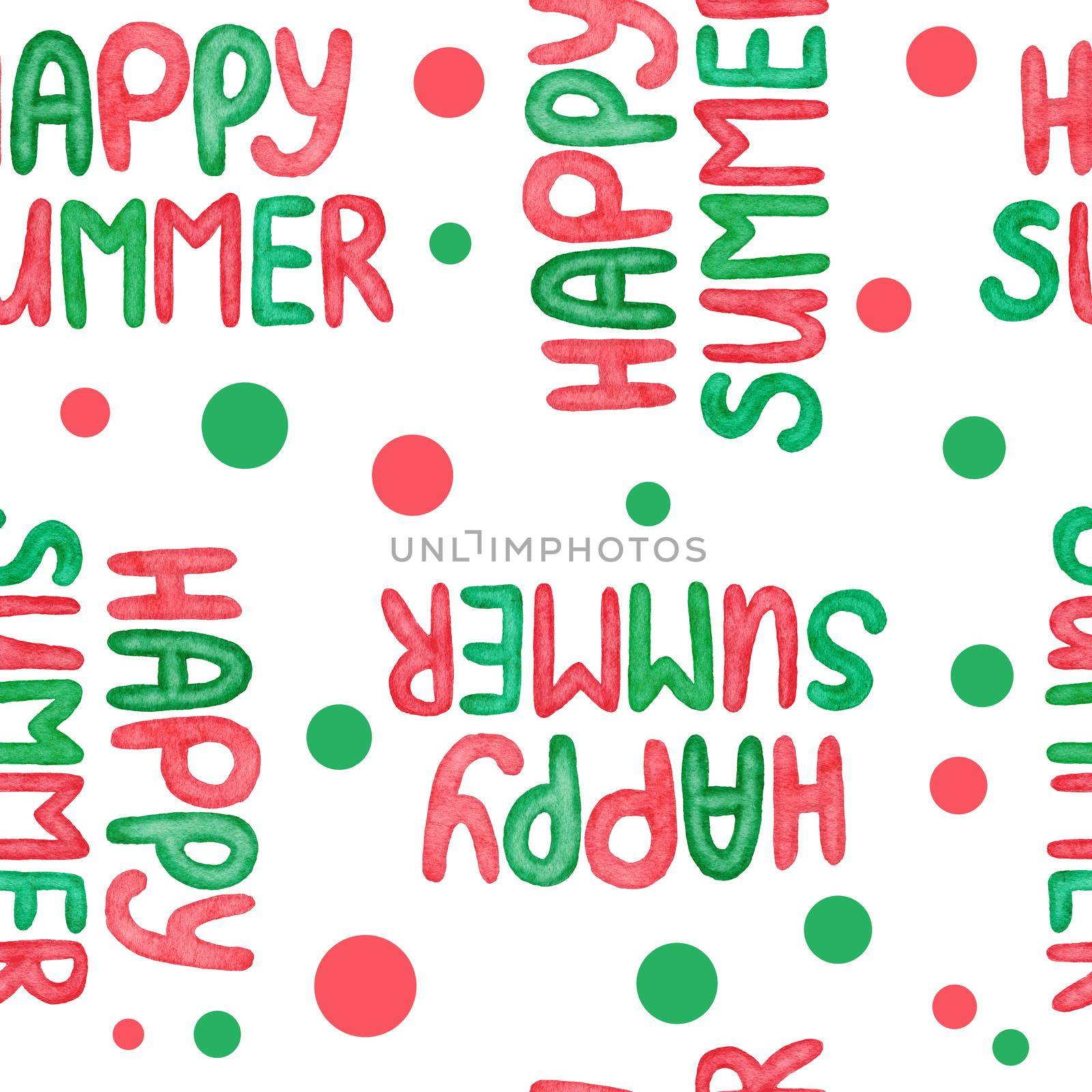 Watercolor seamless hand drawn pattern with red green abstract shapes elements happy summer words polka dot, bright background. Minimalist modern fabric print design for textile wallpaper wrapping paper, simple organic forms