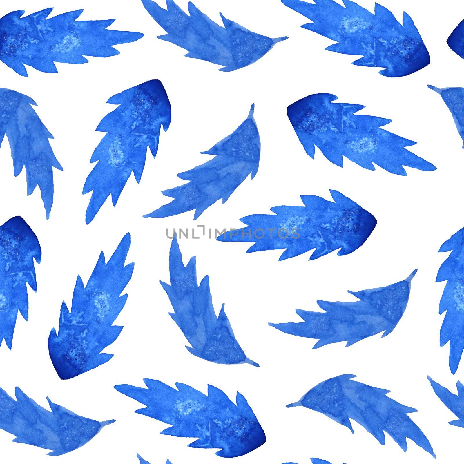 seamless watercolor hand drawn pattern with electric blue winter rowan leaves illustration. Modern floral botanical simple minimalist design for elegant christmas new year celebration decoration textile. by Lagmar