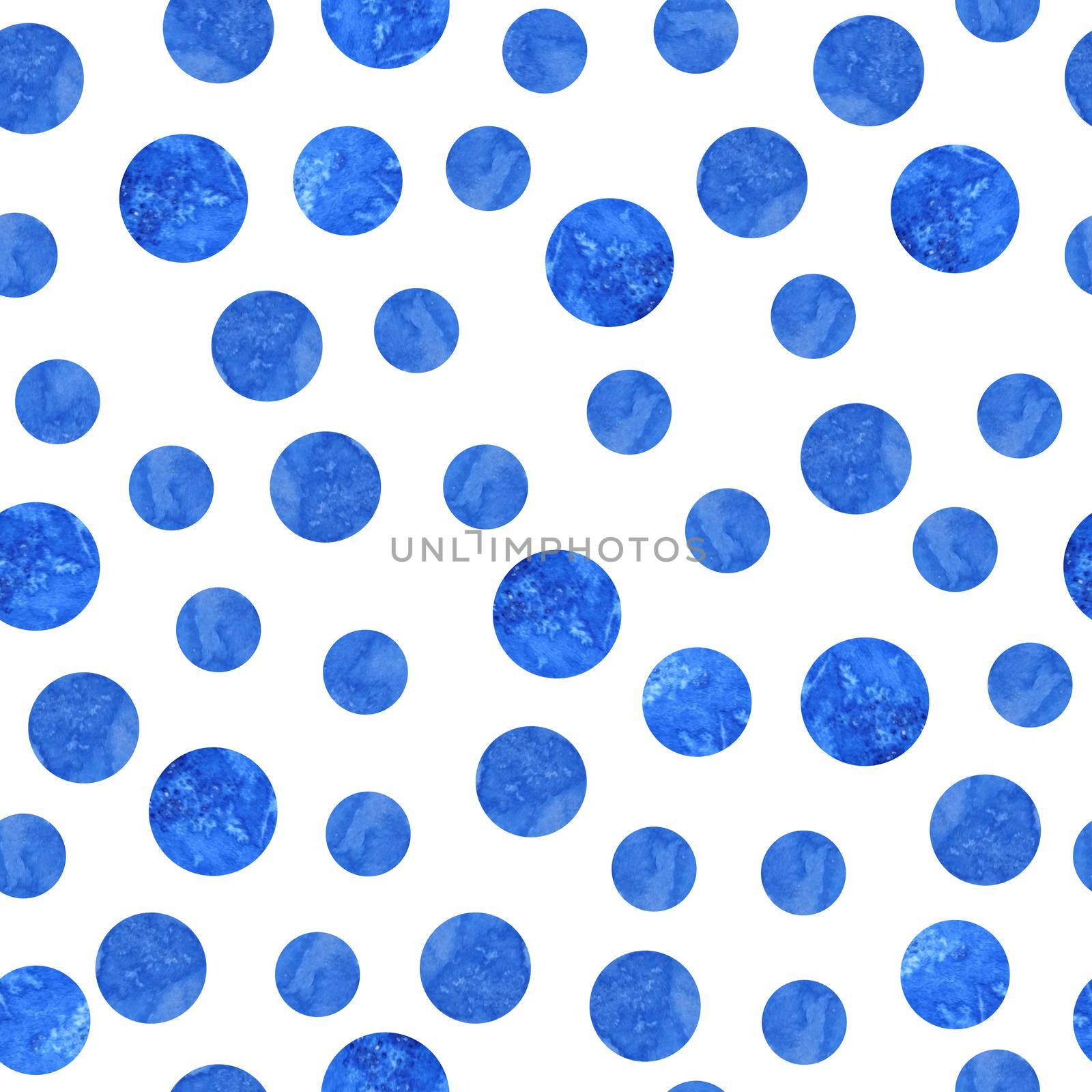 seamless watercolor hand drawn trendy pattern with modern contemporary geometric shapes. Round circle polka dot minimalism elements. Electric deep classic blue navy colors. Loose elements, minimalist design. by Lagmar