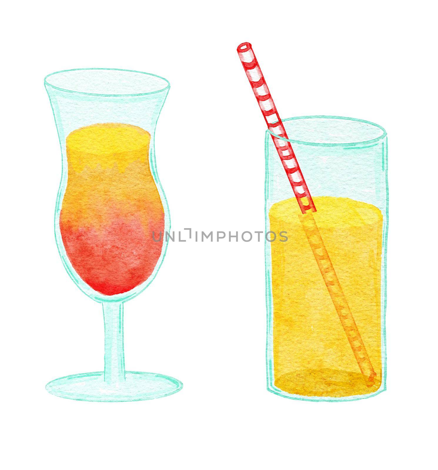 Watercolor hand drawn illustration of summer cocktails, alcohol beverage drink in red yellow orange colors with straw in grass. Tropical beach party refreshment food fresh ice soda lemonade
