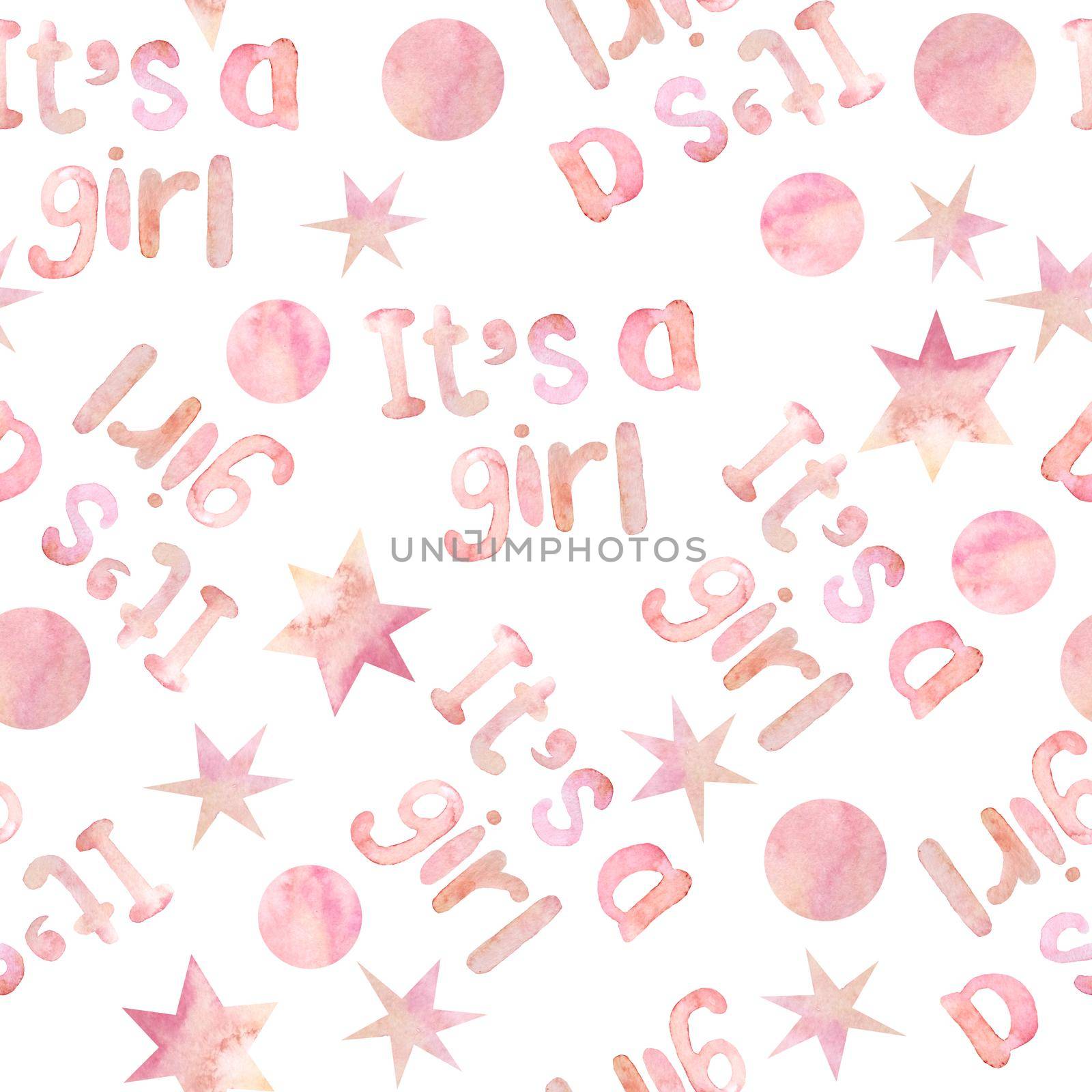 Seamless watercolor hand drawn pattern with it's a girl lettering, rainbows stars and polka dot. Baby shower celebration party design invitation cards textile wallpaper. Pink blush colors magic happy princess gift