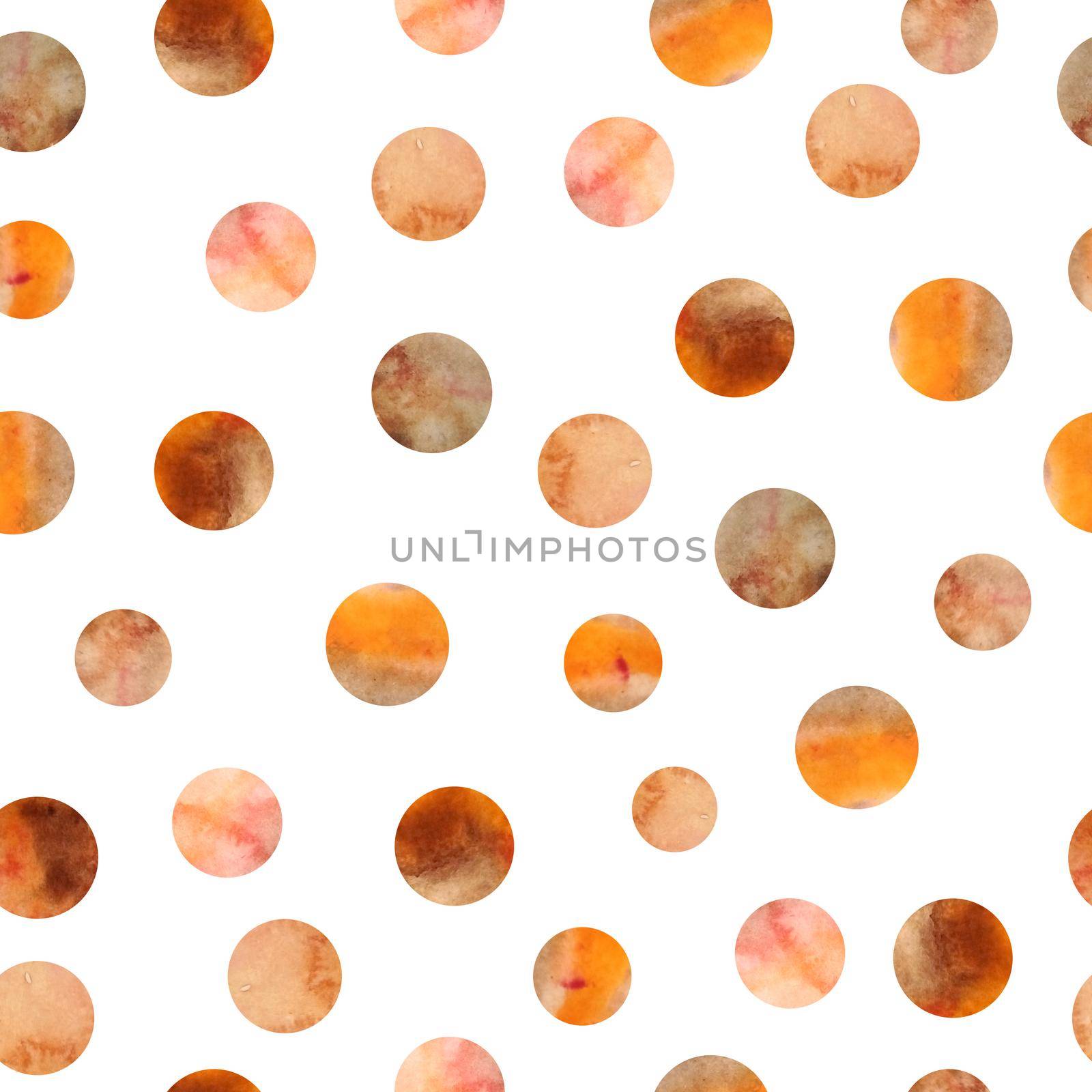 seamless watercolor hand painted pattern with red orange brown ochre polka dot circles. Natural organic shapes with bright vibrant intense colors for autumn fall design textile trendy modern minimalism style. by Lagmar