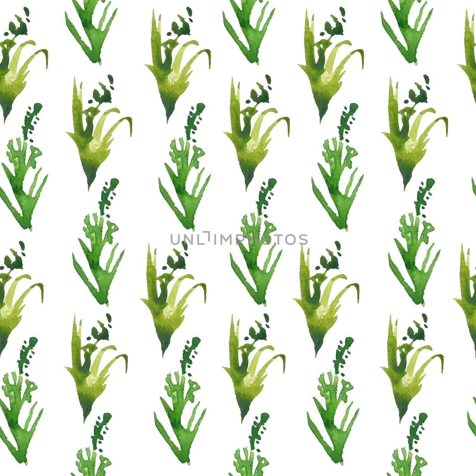 Seamless hand drawn watercolor pattern with green wild herbs flowers leaves in wood woodland forest. Organic natural plants, floral botanical design for wallpapers textile wrapping paper. Vintage boho
