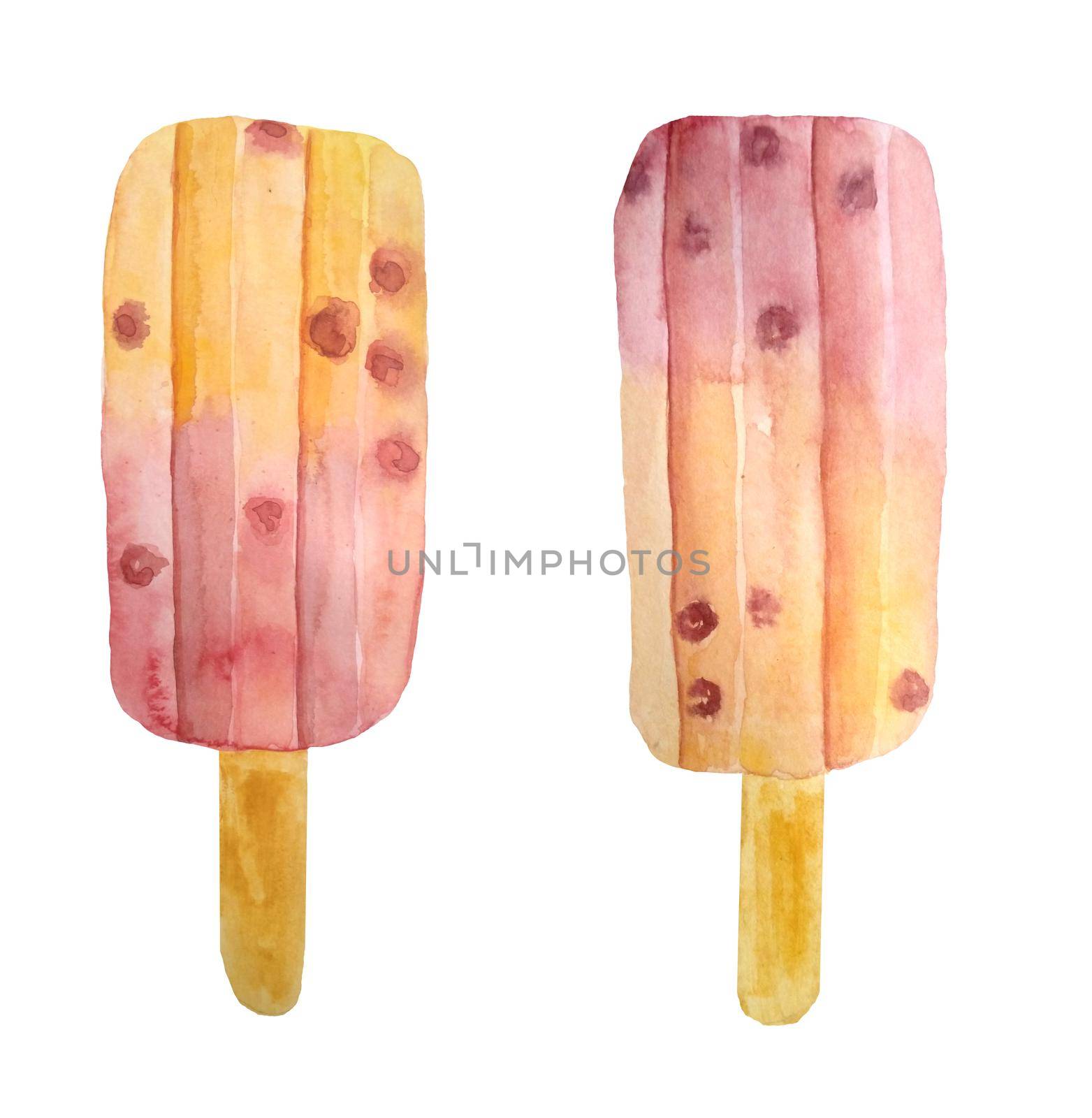 Watercolor hand drawn illustration of two fruit popsicles ice cream elements. Sweet tasty delicious healthy food. Orange pink blush dessert. For summer menu street cafe. Frozen juice icing. by Lagmar