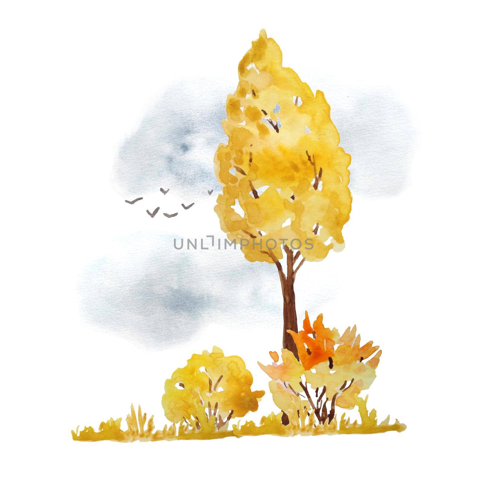 Watercolor hand drawn illustration with orange yellow autumn fall tree, bushes, sky and flying birds. Wild forest woodland outdoor adventure camping park, for nature lovers. Season design poplar
