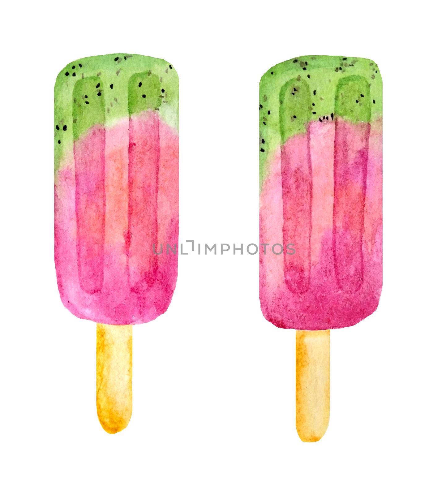 Watercolor hand drawn illustration of two pink green red fruit popsicles ice cream. Kiwi watermelon berry dessert. Sweet tasty delicious healthy food. For summer menu street cafe. Frozen juice icing. by Lagmar