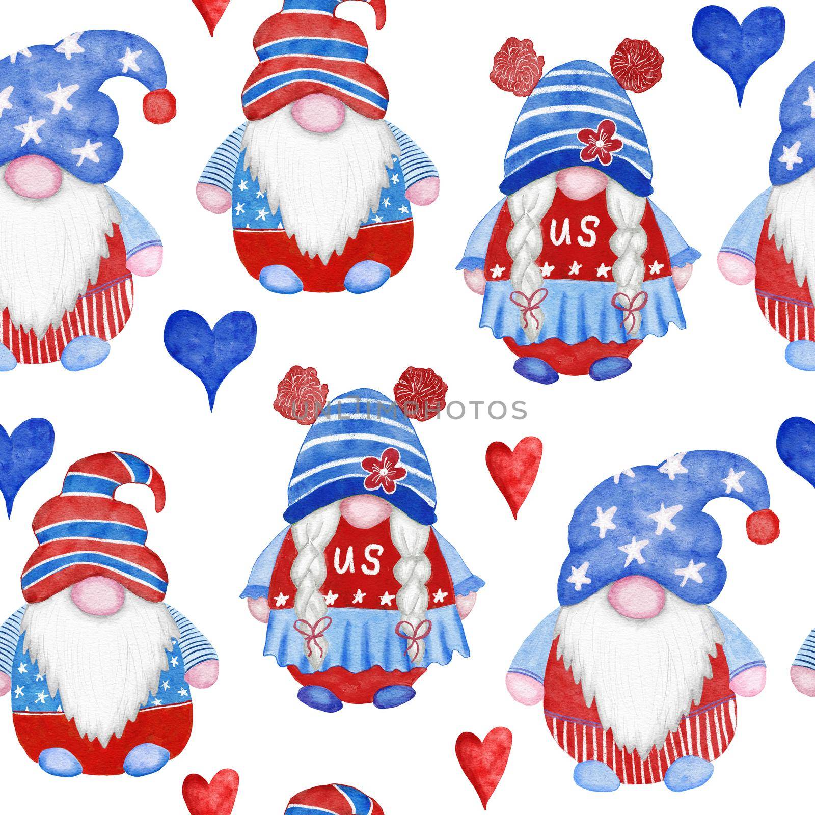 Watercolor hand drawn seamless border with 4th of july gnomes background, fourth of july Independence day patriotic print, red blue white balloons gifts, summer party decoration, stars and stripes. by Lagmar