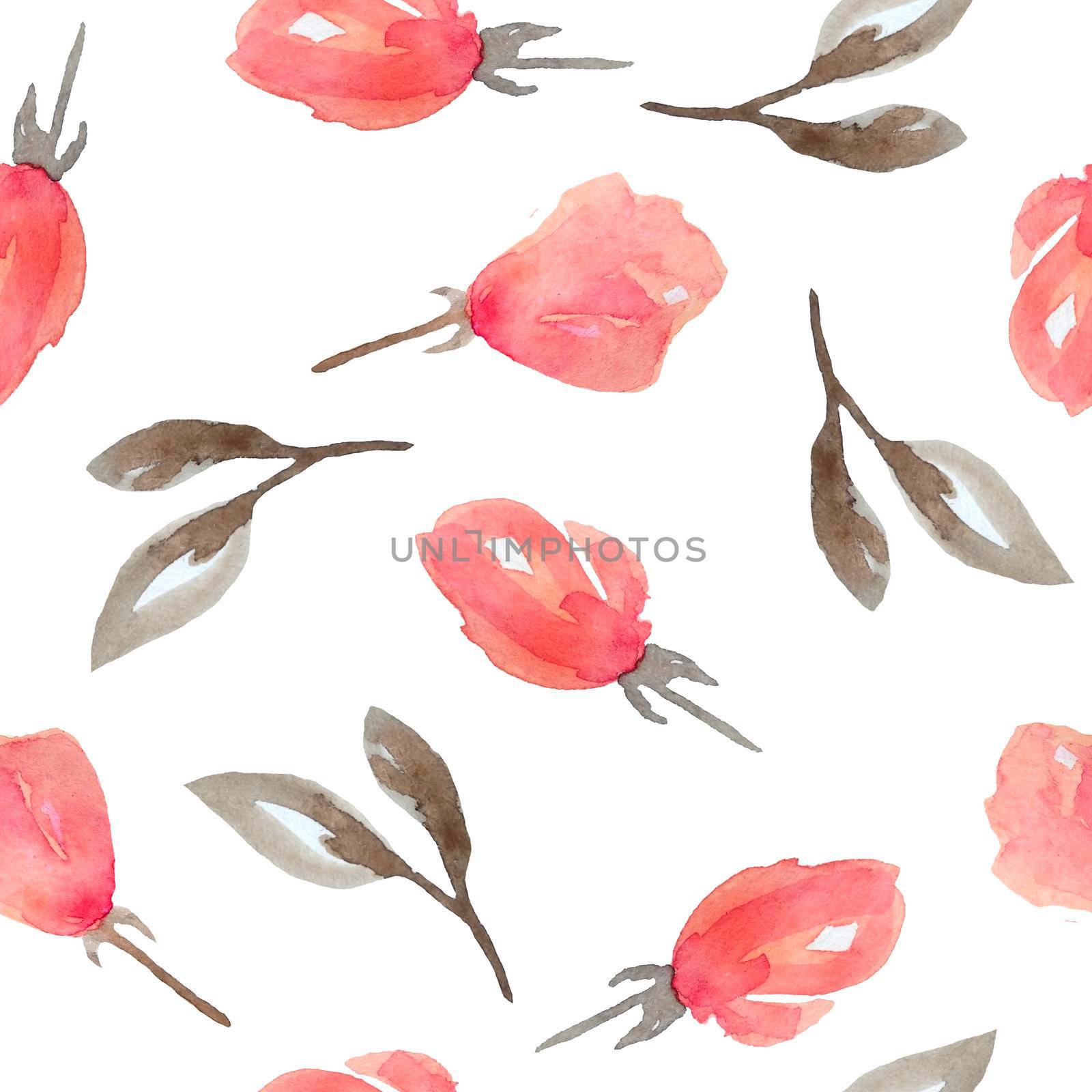 Watercolor seamless pattern of pink blush roses flowers and grey brown neutral faded leaves. Bouquets, petals blossom. Elegant garden blooms for textile wedding invitation cards wallpaper.. by Lagmar