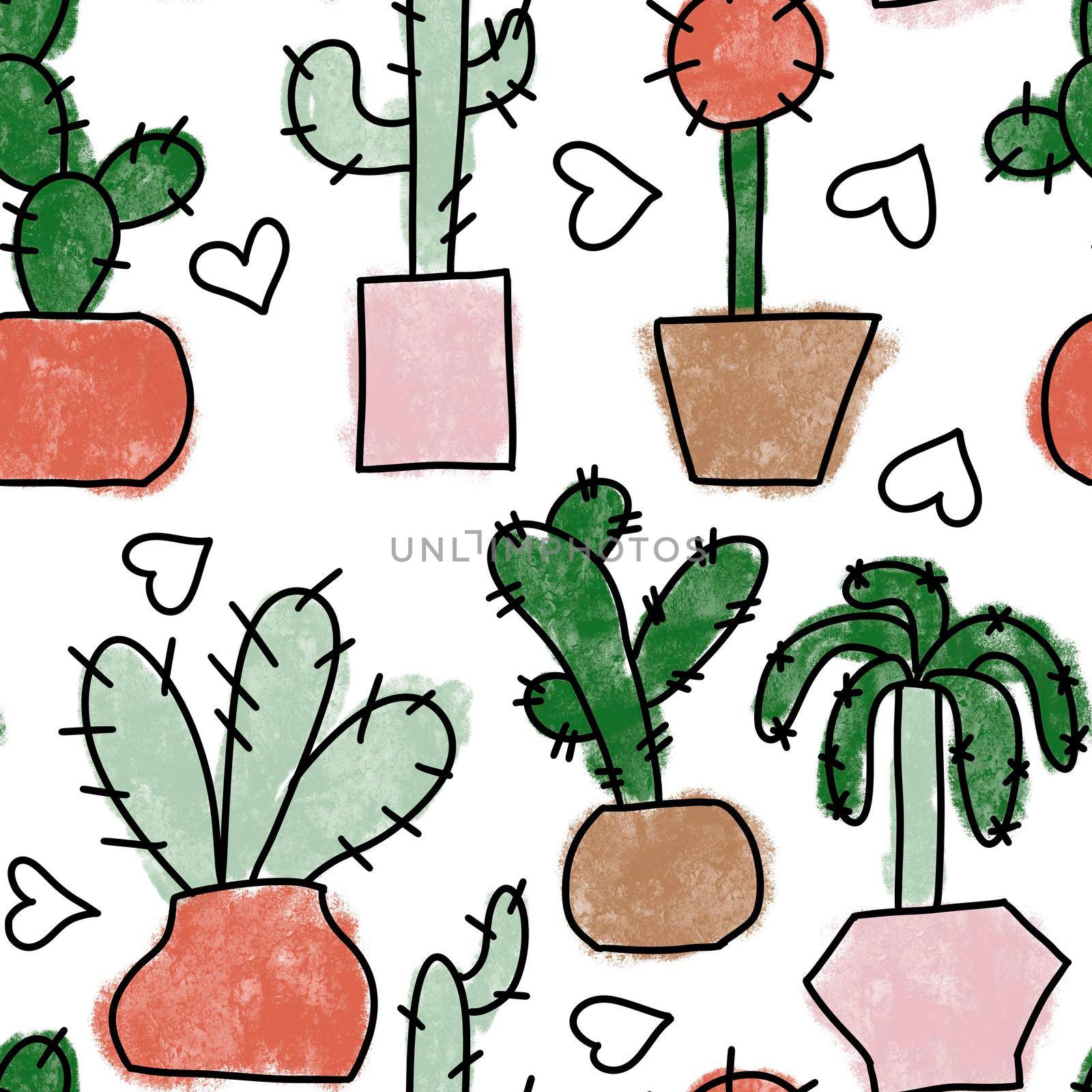 Seamless hand drawn pattern with houseplants, indoor plants flowers in pots, green leaves potted herbs. Urban jungle concept zz plant monstera snake plant peace lily cactus cacti. by Lagmar