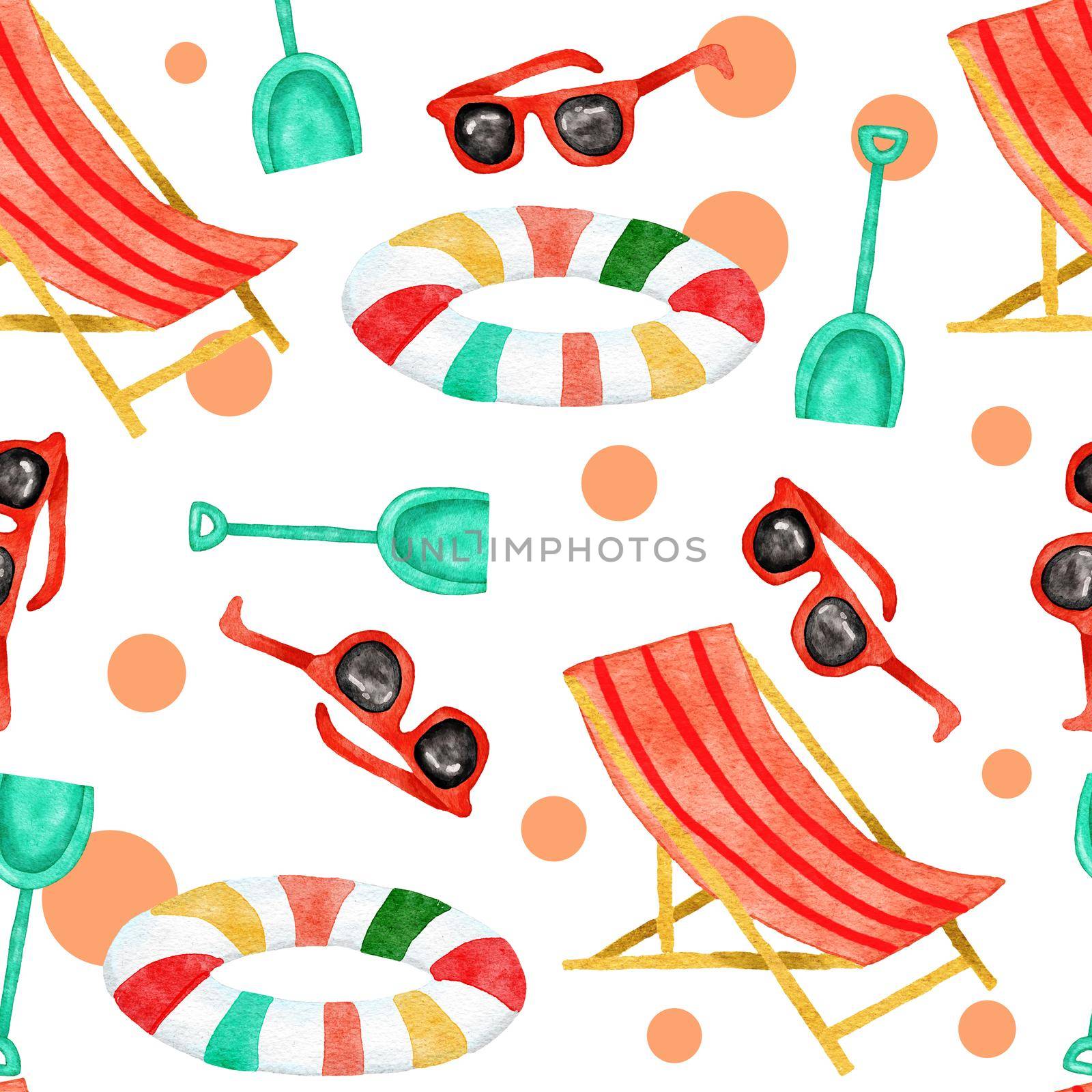 Watercolor hand drawn seamless pattern with beach vibe holiday summer vacation. Sea ocean nautical elements swimwear swimsuit flamingo palm tropical hawaii design. Ice cream bag hat. by Lagmar