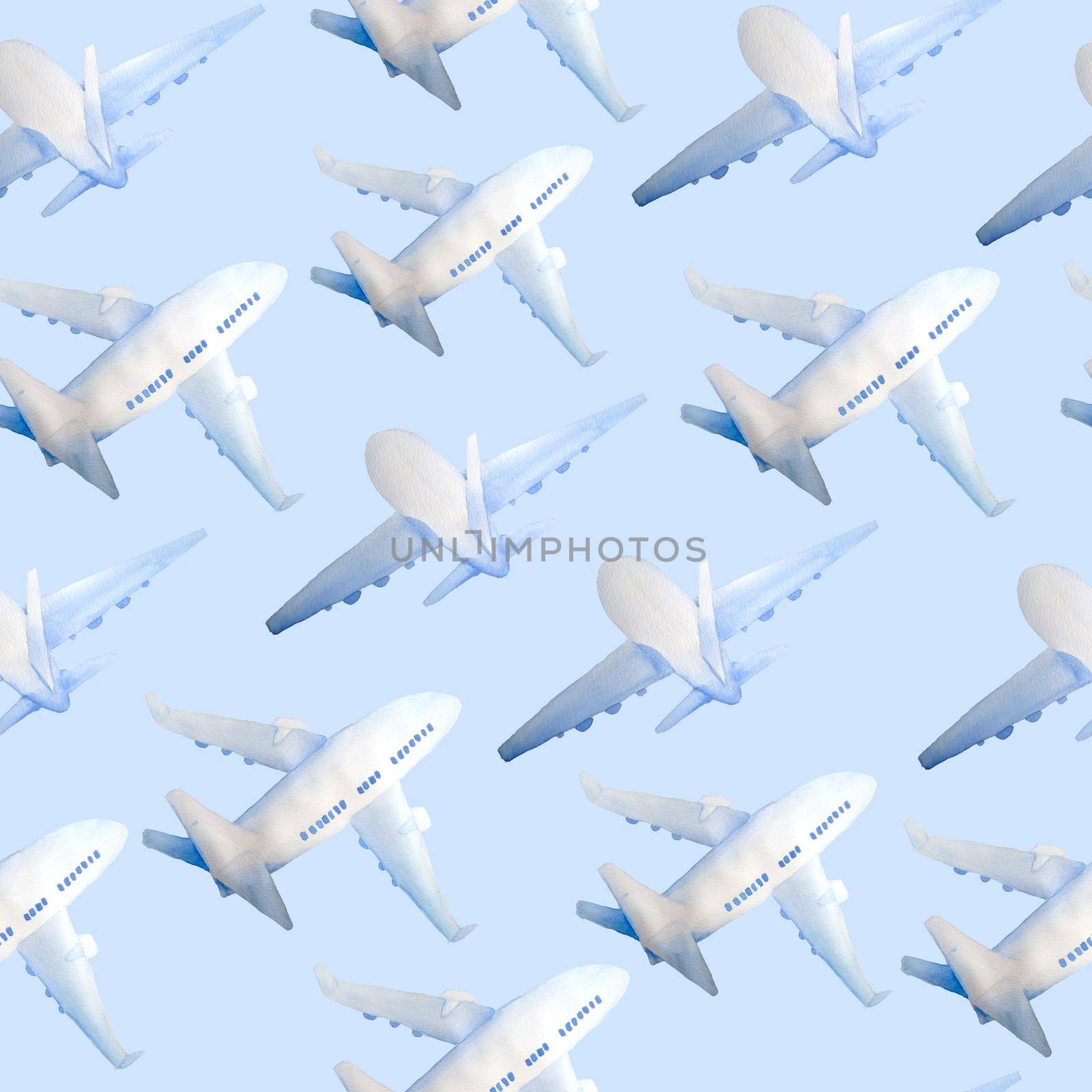 Watercolor hand drawn seamless pattern illustration of passenger airplane aircraft plane in blue clouds. For tourism trip journey flight concept. Design for airlines touristic websites vacation business trip. by Lagmar