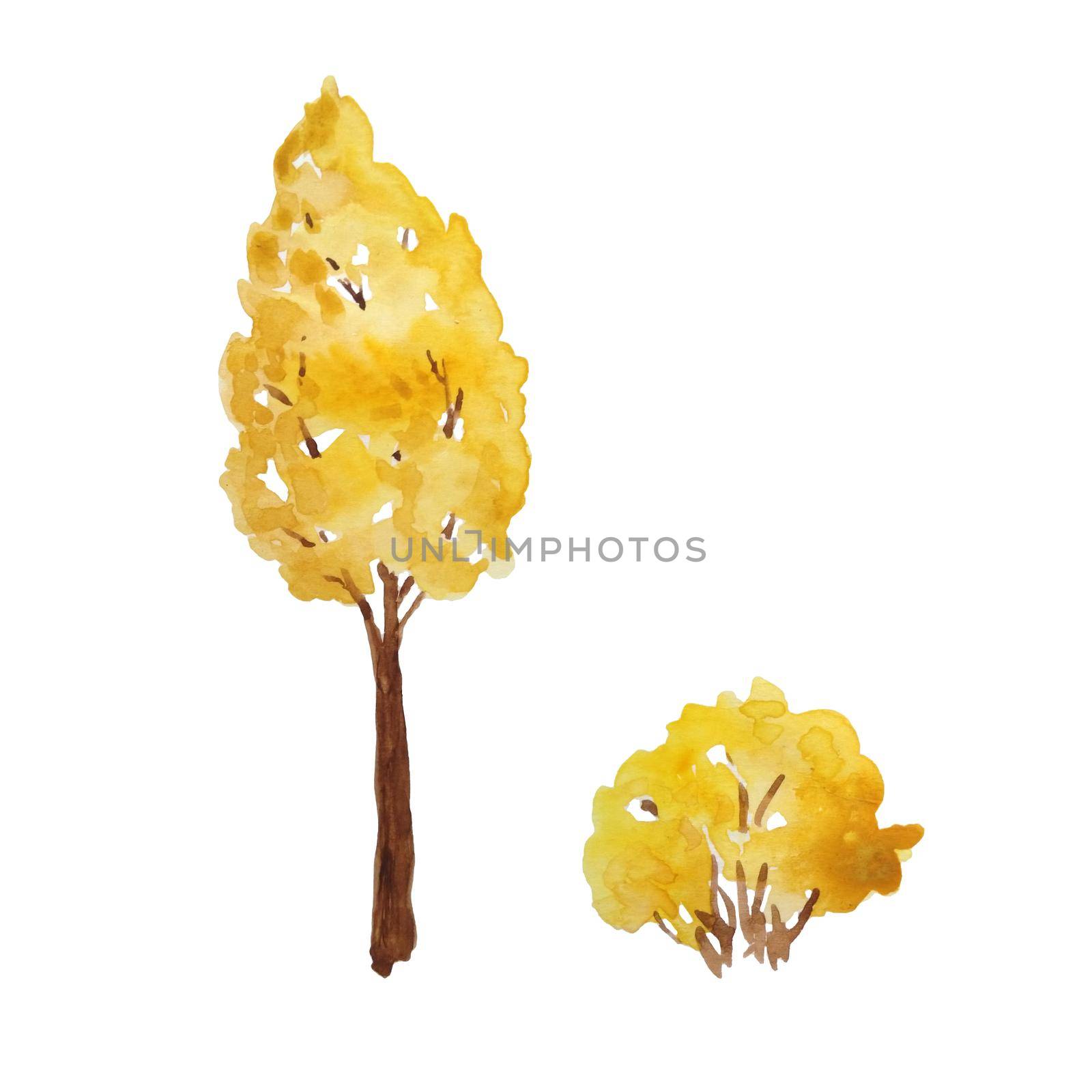 Watercolor hand drawn illustration of autumn fall tree bush in forest wood woodland park. Outdoor wild landscape. Nature camping design, fall activities in the open. Orange yellow colors eco season