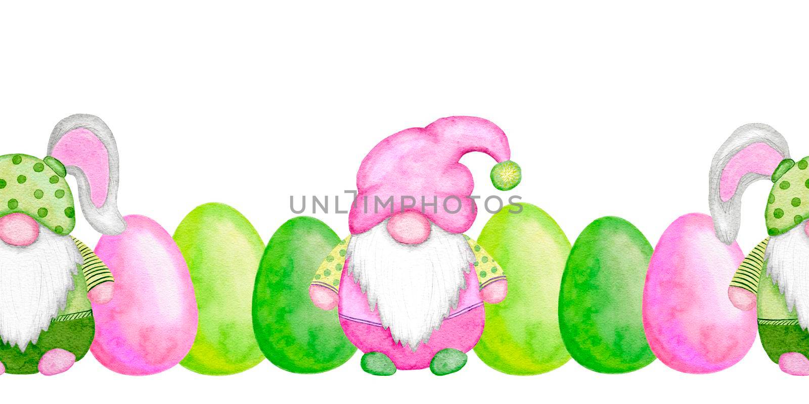 Seamless watercolor hand drawn horizontal borders with Easter eggs gnomes, green pink fuchsia rose flowers cartoon design. April spring print with bright funny elements for Easter cards invitations by Lagmar