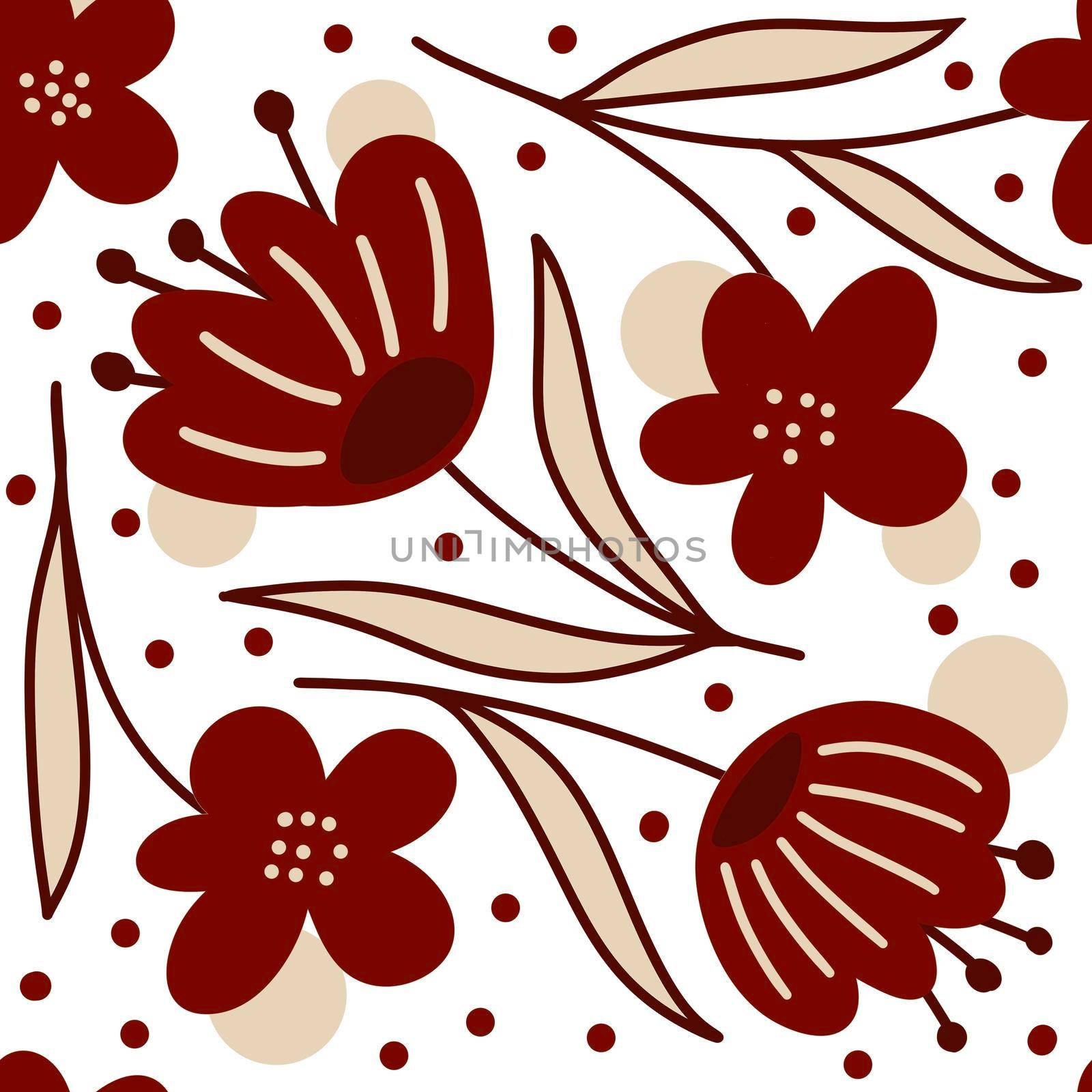 Hand drawn seamless floral pattern with burgundy marsala flowers on neutral beige background. Elegant red black white leaves petals blossom for textile wrapping paper. Summer fall autumn wedding in minimalist style