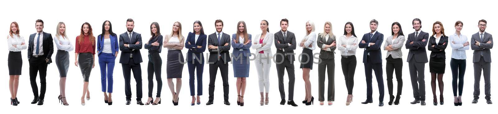 panoramic photo of a group of young entrepreneurs standing in a row . isolated on white