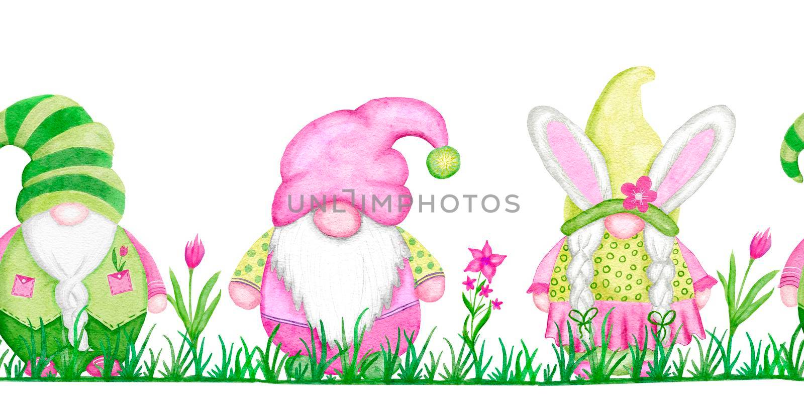 Seamless watercolor hand drawn horizontal borders with Easter eggs gnomes, green pink fuchsia rose flowers cartoon design. April spring print with bright funny elements for Easter cards invitations by Lagmar