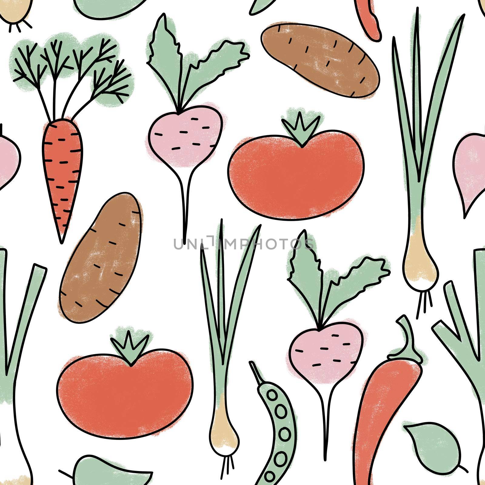 Hand drawn seamless pattern illustration of organic healthy vegetables, carrot potato tomato leek radish eggplant cauliflower beens. Market natural food veggies diet in soft pastel colors. by Lagmar