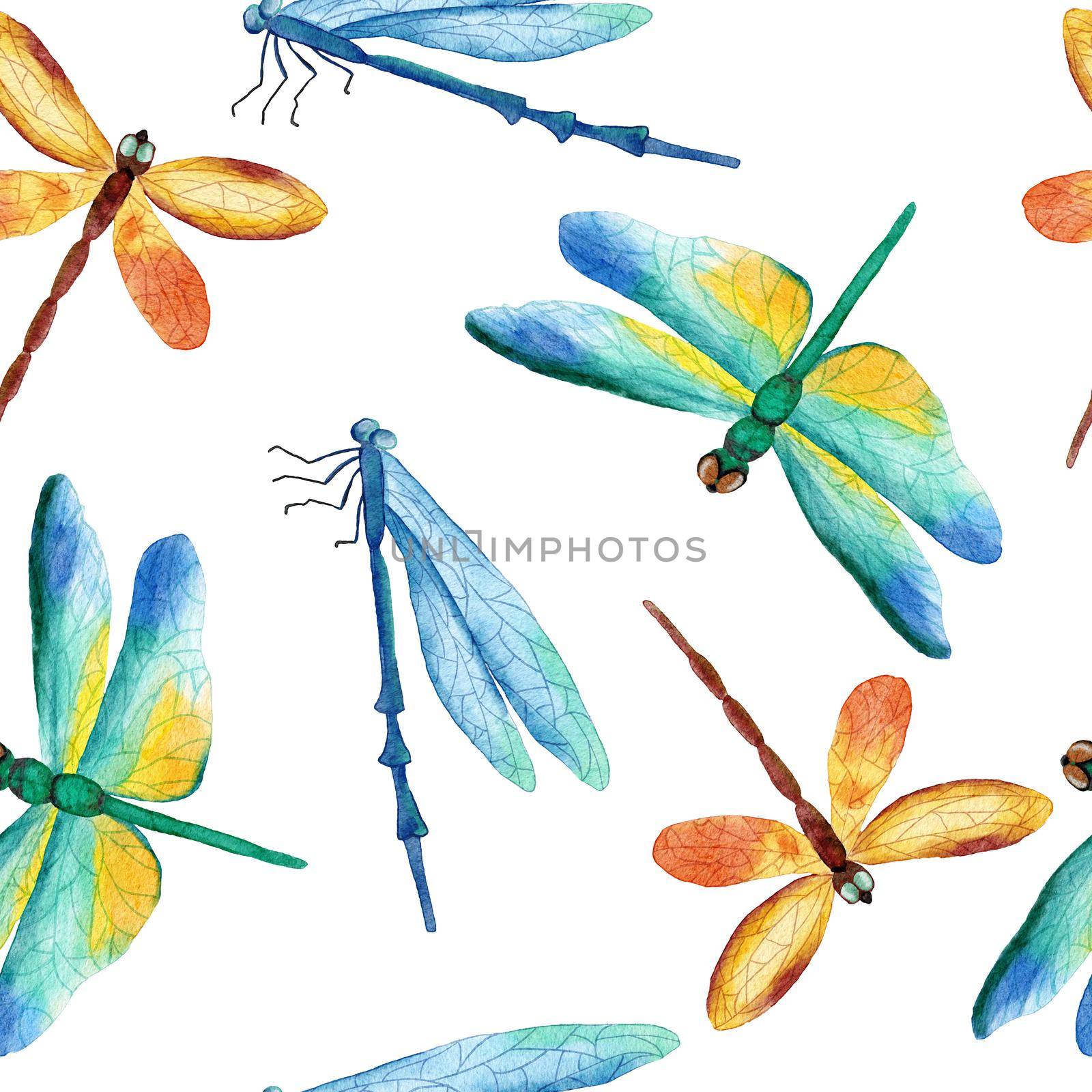 Watercolor hand drawn seamless pattern with butterfly dragonfly moth insects. Bright colorful blue green orange butterflies wild wildlife nature background design for textile wallpaper. by Lagmar