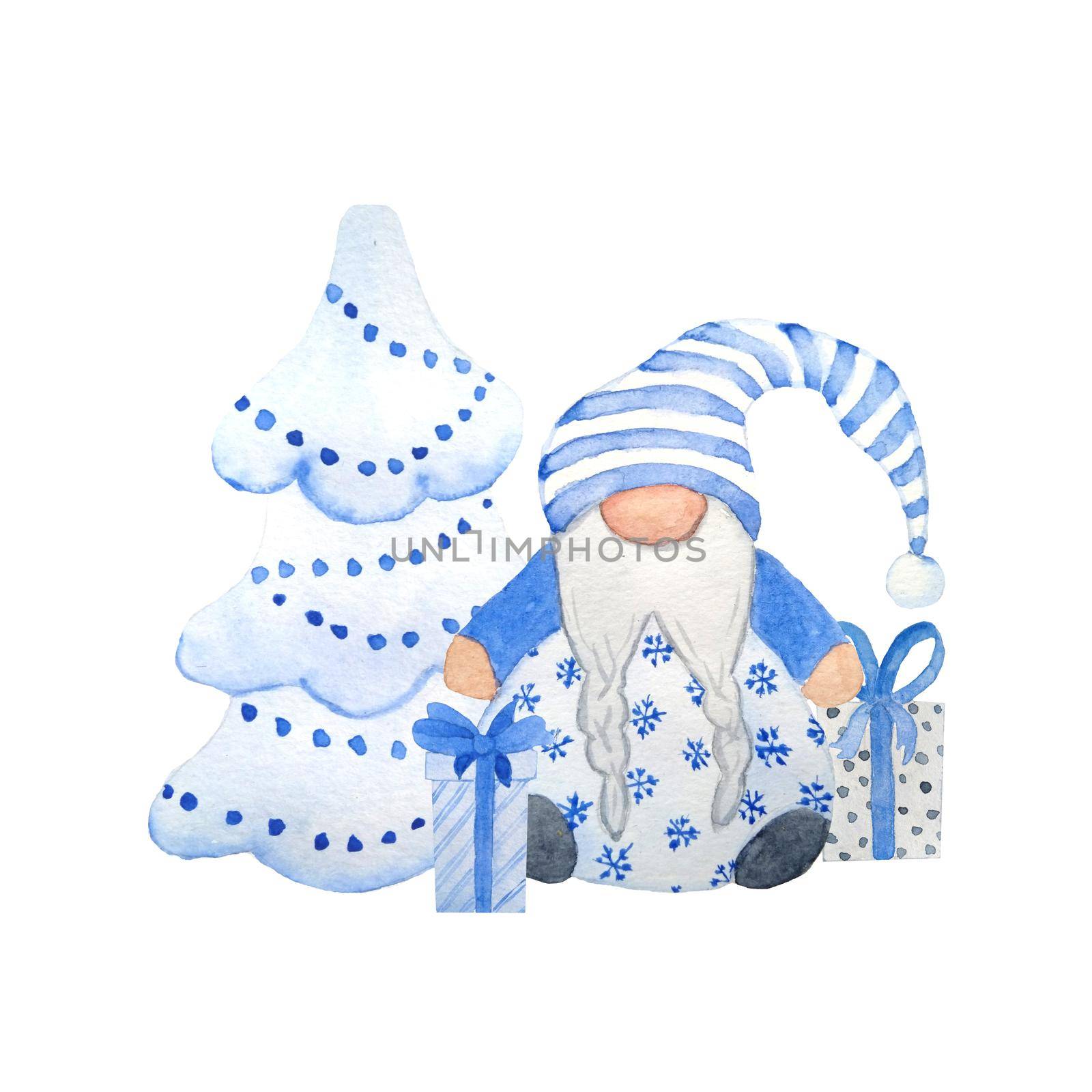 Watercolor hand drawn nordic scandinavian gnomes for christmas decor tree. New year illustration in blue grey cartoon style. Funny winter character north swedish elf in hat beard. Greeting card wrapping paper