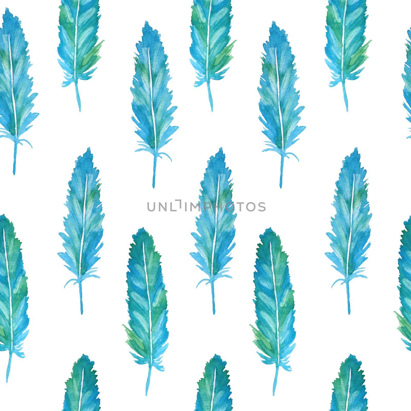 Watercolor seamless hand drawn pattern with blue green turquoise feathers. Aquamarine boho background for textile wallpapers. Romantic sketch retro wedding illustration