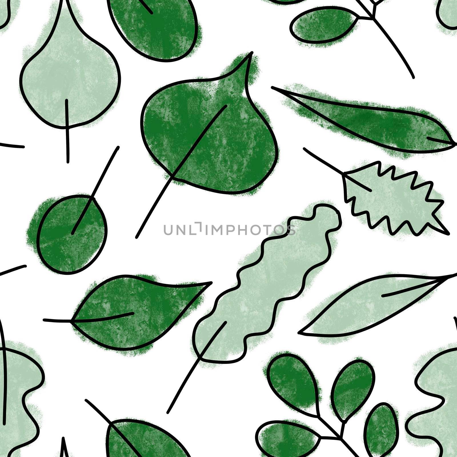 Hand drawn seamless pattern with green leaves natural leaf greenery, wild herbs fabric print design, urban jungle plant lady gift. Elegant foliage background for wallpaper textile.. by Lagmar
