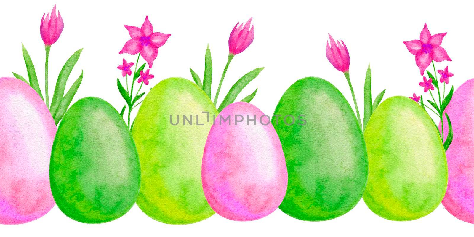 Seamless watercolor hand drawn horizontal borders with Easter eggs green pink tulip daisy flowers cartoon design. April spring print with bright funny elements for Easter cards invitations