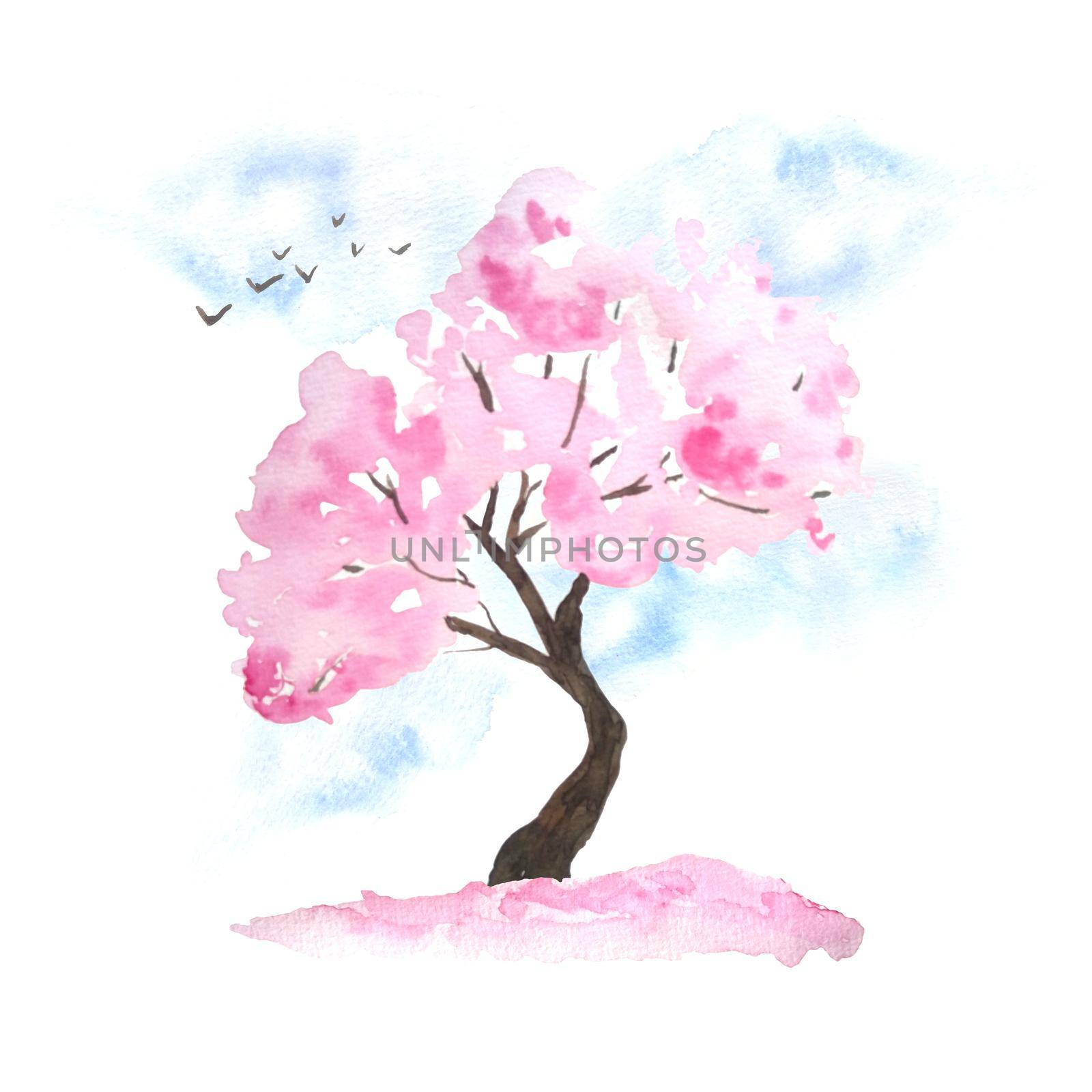 Watercolor hand drawn design illustration of pink cherry sakura tree in bloom blossom flowers, sky, birds, fallen petals. Hanami festival traditional japan japanese culture. Nature landscape plant. Spring march april by Lagmar
