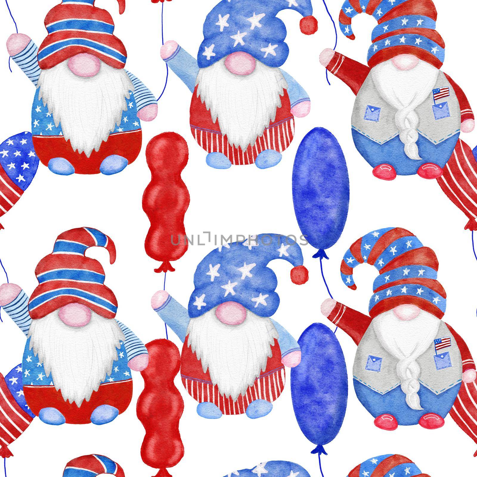 Watercolor hand drawn seamless border with 4th of july gnomes background, fourth of july Independence day patriotic print, red blue white balloons gifts, summer party decoration, stars and stripes. by Lagmar