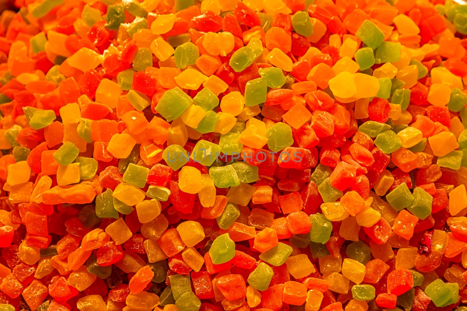 Colorful cubes sweets With Sugar and flavor fruit. Horizontal view.