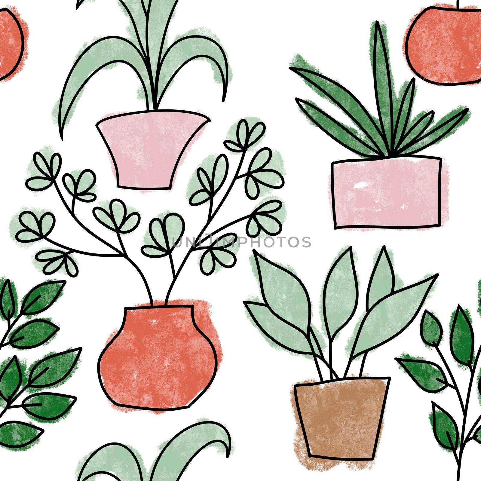 Seamless hand drawn pattern with houseplants, indoor plants flowers in pots, green leaves potted herbs. Urban jungle concept zz plant monstera snake plant peace lily cactus cacti succulent. by Lagmar