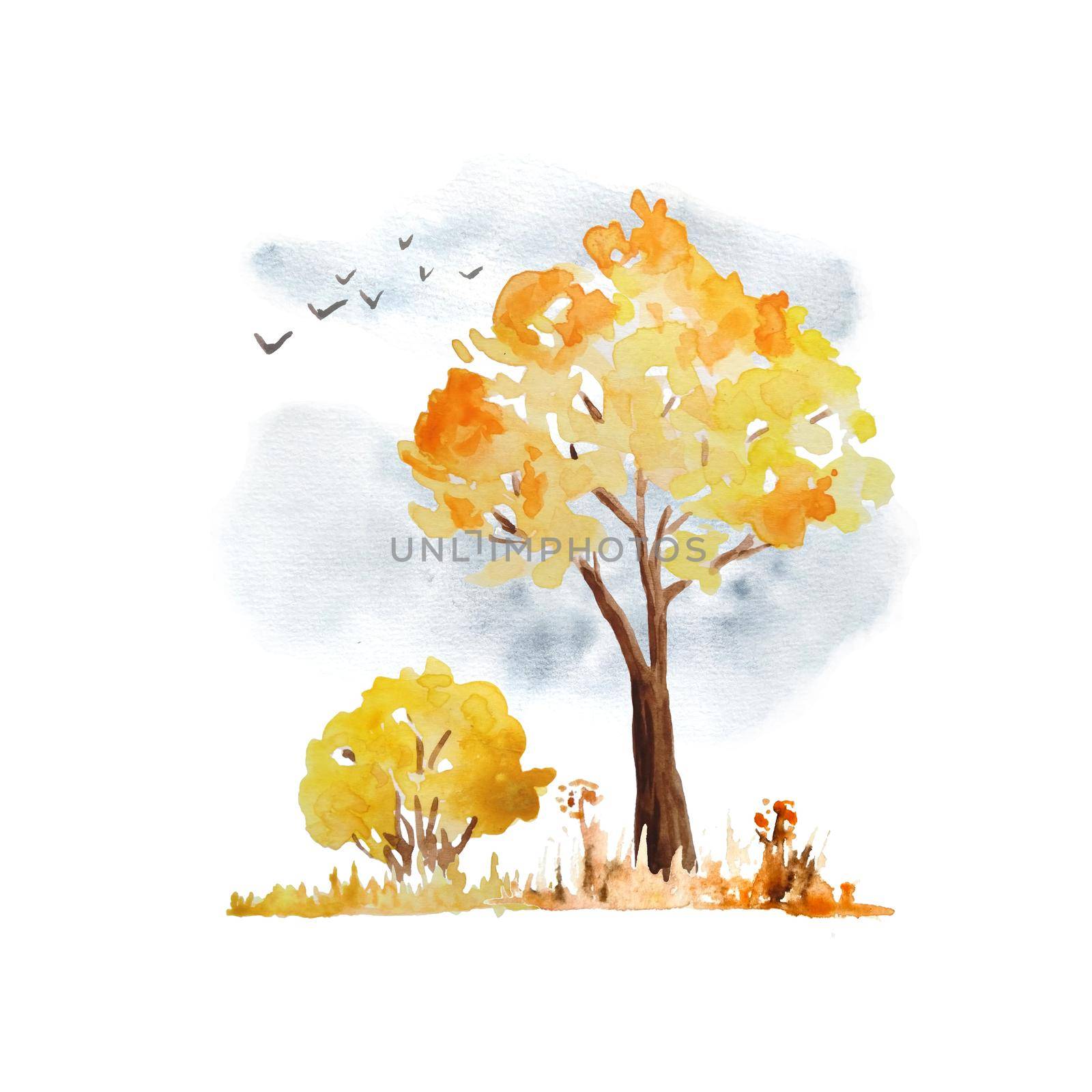 Watercolor hand drawn illustration with orange yellow autumn fall tree, bush, sky and flying birds. Wild forest woodland outdoor adventure camping park, for nature lovers. Season design maple oak. by Lagmar