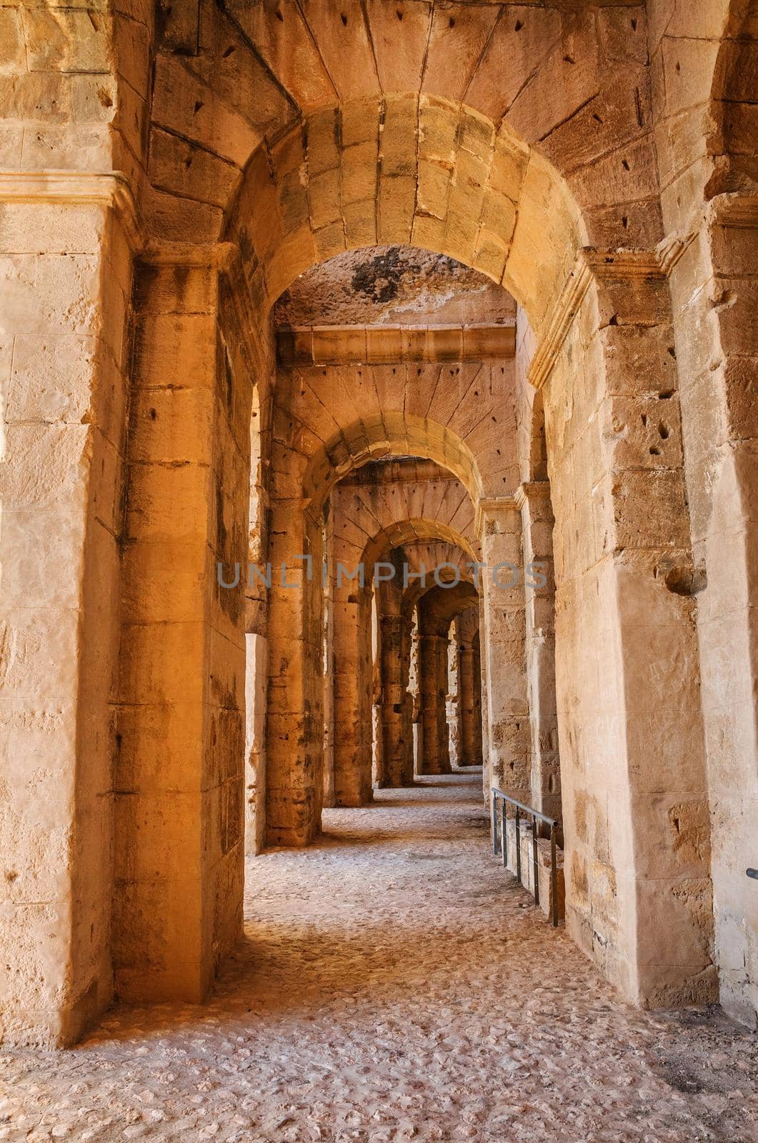 Corridor in ruins of the largest coliseum in North Africa. El Jem,Tunisia, UNESCO.
