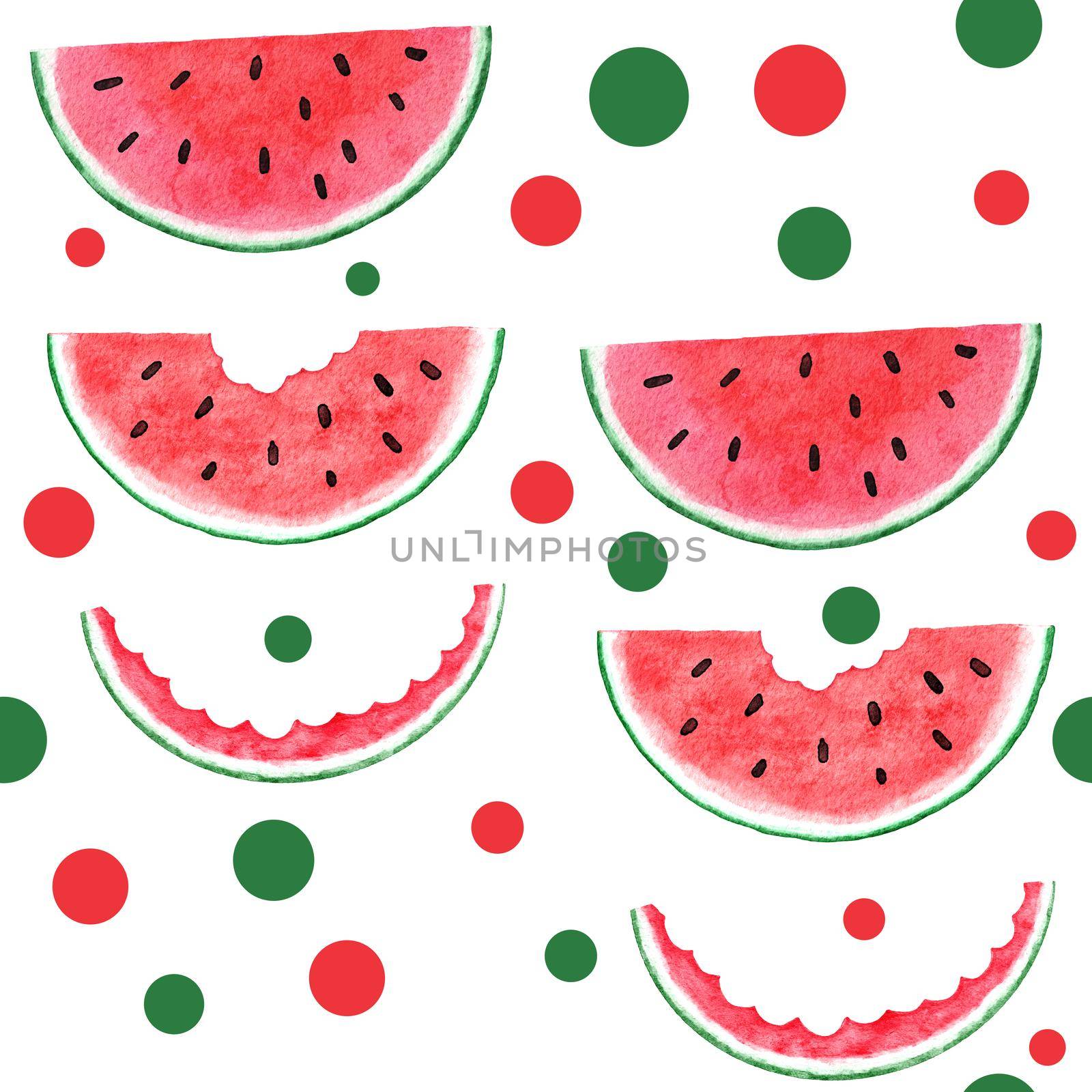 Watercolor hand drawn seamless pattern with watermelon fruit, red green tropical food, bright summer holiday background. Juicy frech natural plant design with geometric elements