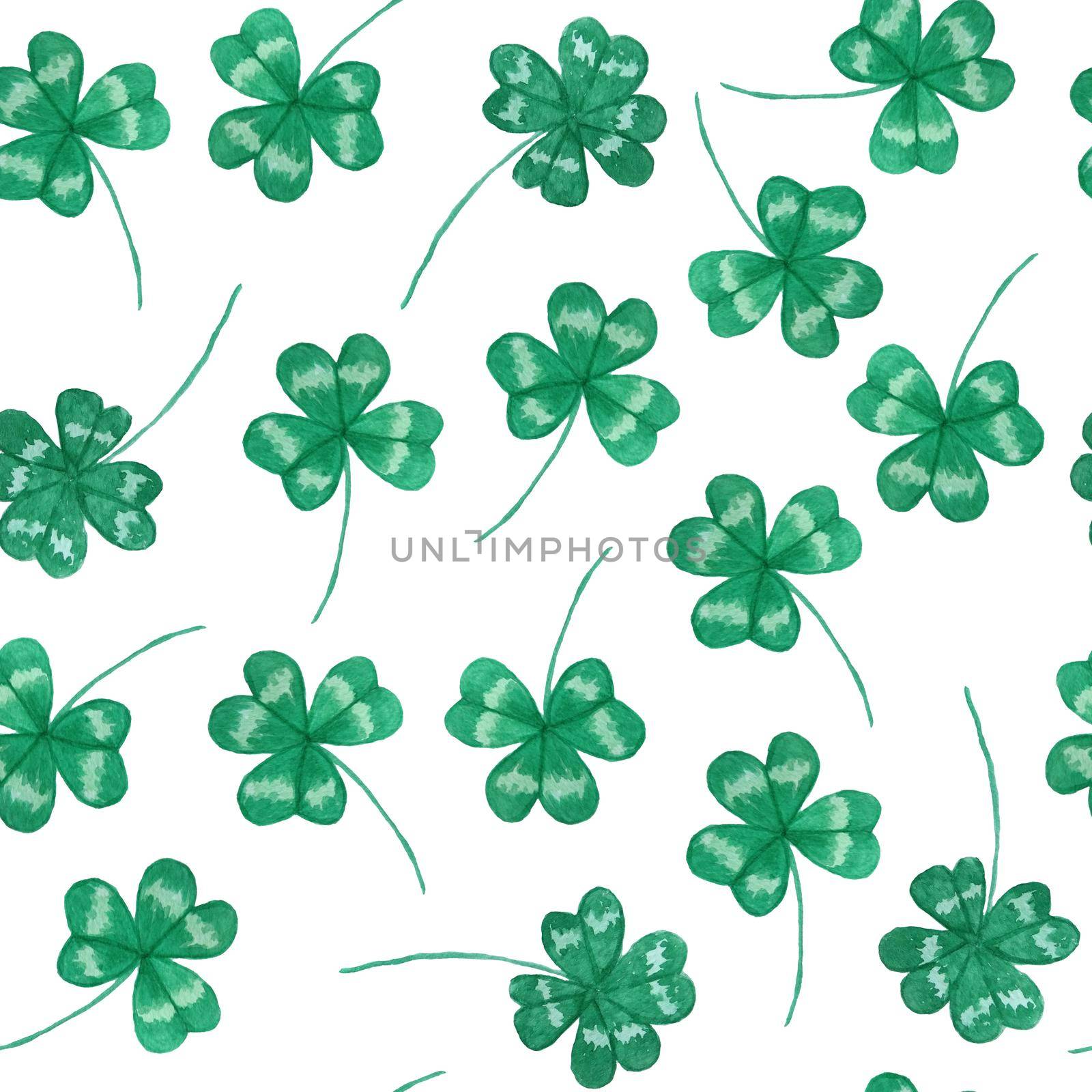 Seamless watercolor hand drawn pattern with St Patricks day elements, green luck clover shamrock nature plant on white isolated background. Irish Ireland celebration, festive holiday design