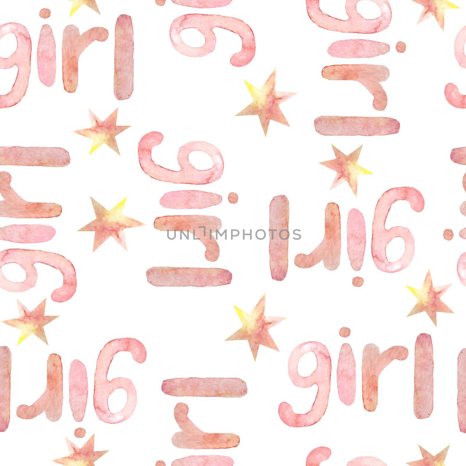 Seamless watercolor hand drawn pattern with it's a girl lettering, rainbows stars and polka dot. Baby shower celebration party design invitation cards textile wallpaper. Pink blush colors magic happy