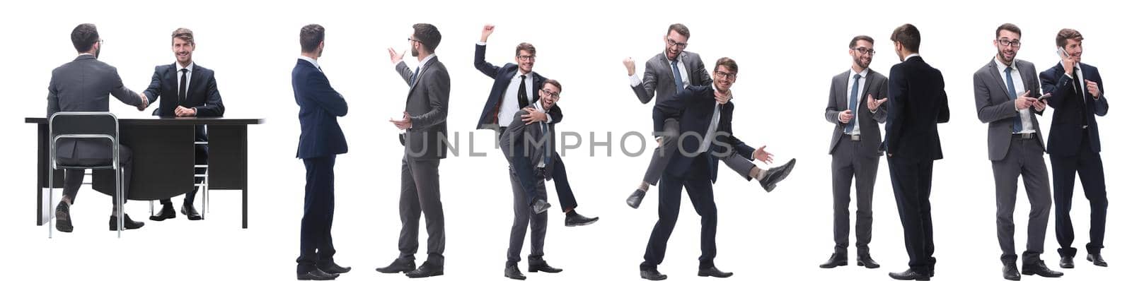 in full growth. two business people discussing something. isolated on white background