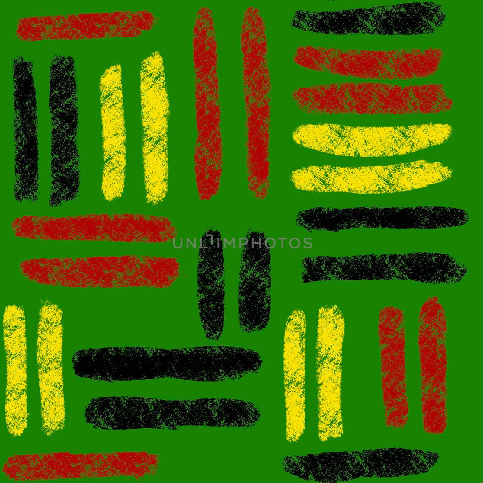 Hand drawn seamless pattern with african geometric ornament design print, Juneteenth freedom 1865 fabric, yellow green red black abstract shapes kente cloth, ethnic background. by Lagmar