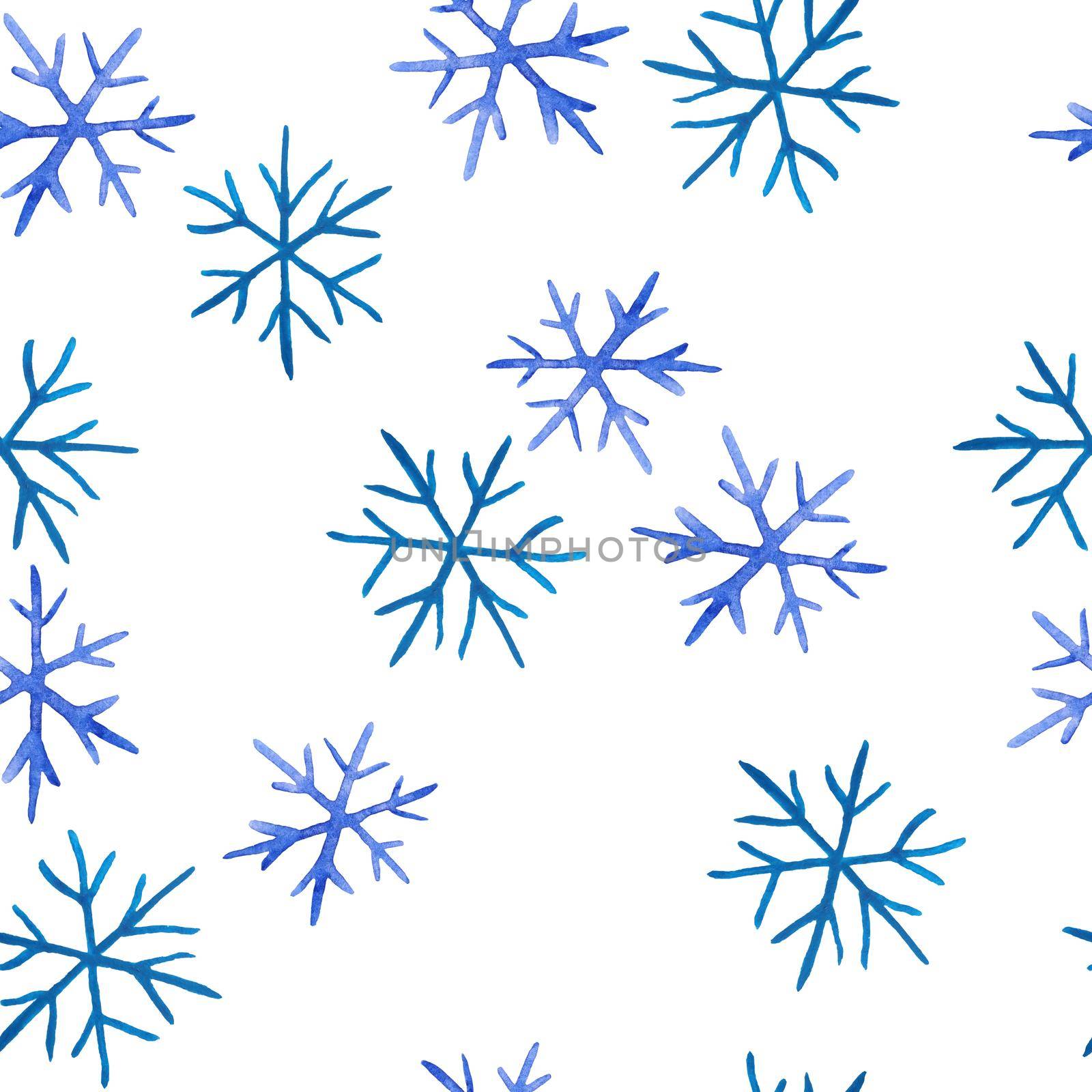 Watercolor hand drawn seamless pattern with blue elegant snowflakes for Christmas new year design wrapping paper textile. Electric blue snow frost pastel invitation celebration. Winter background. by Lagmar