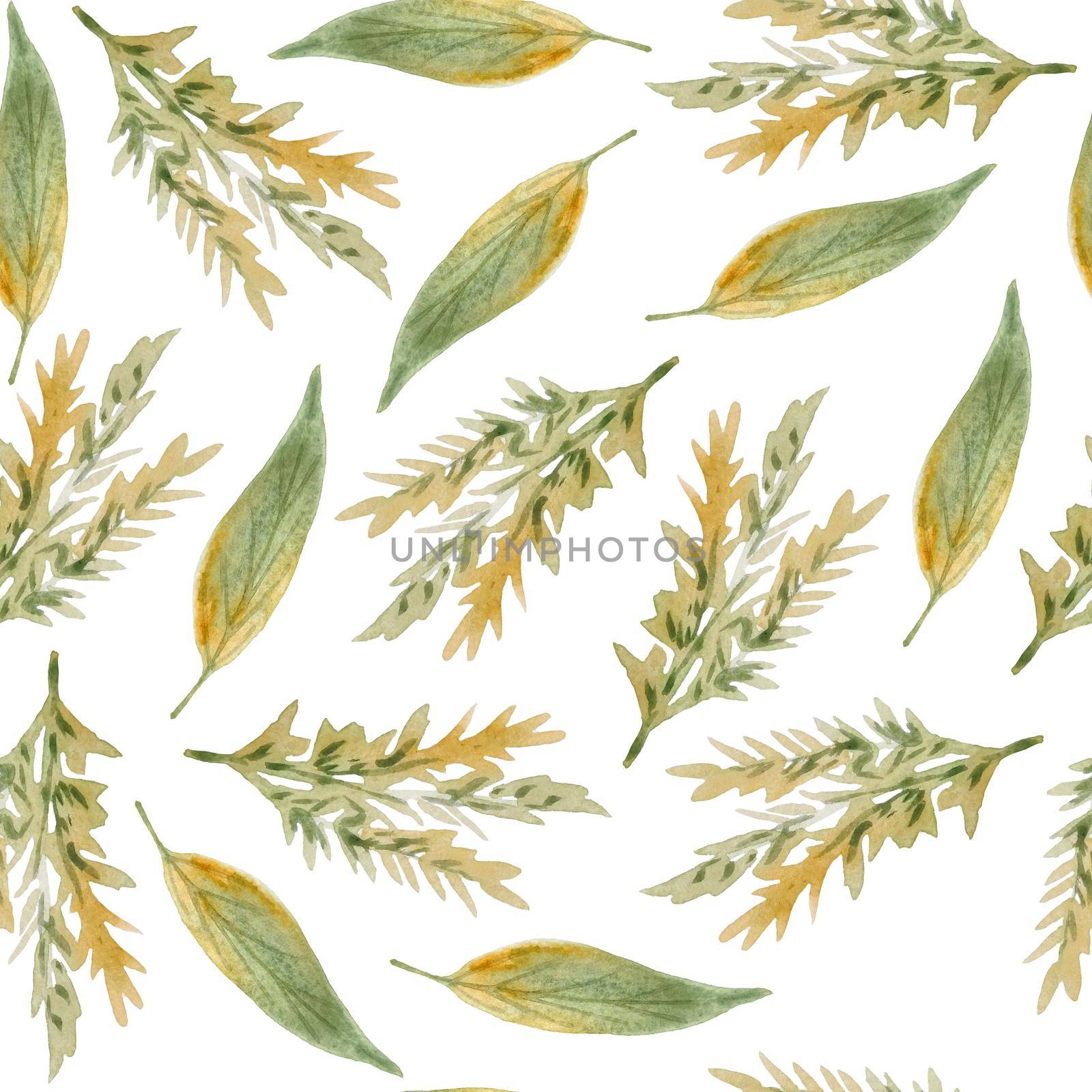 Seamless hand drawn watercolor pattern with green yellow wild herbs leaves in wood woodland forest. Organic natural plants, floral botanical design for wallpapers textile wrapping paper. Fall autumn. by Lagmar