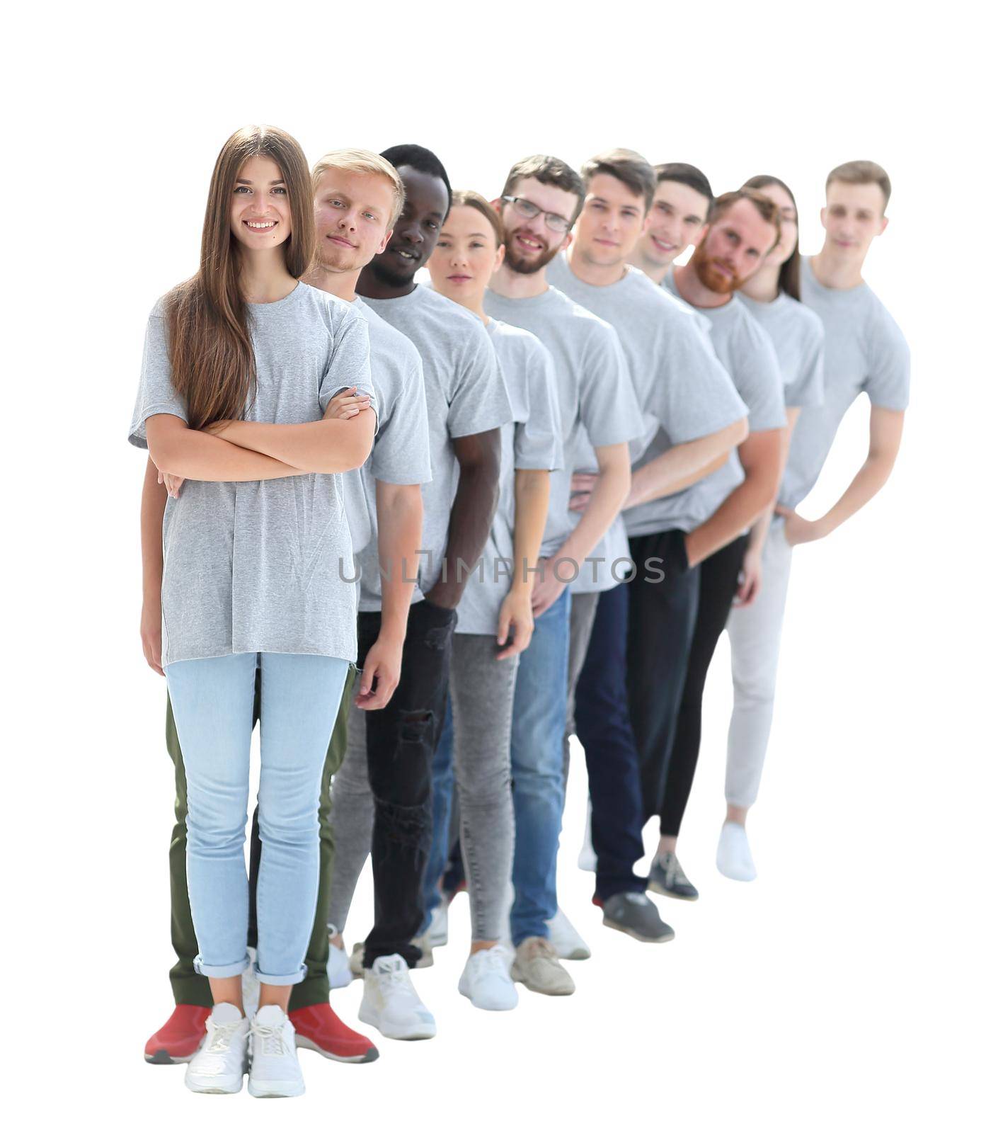 group of young people in gray t-shirts standing in a row by asdf