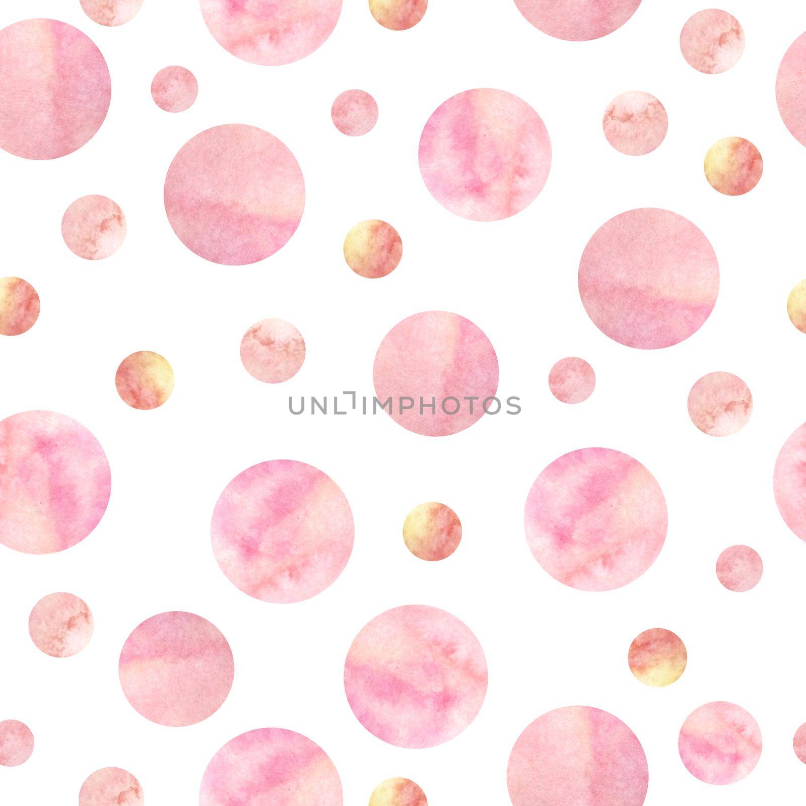 Seamless watercolor hand drawn pattern with pink blush polka dot ornament decoration. Design for girl girlish wallpapertextile wrapping paper. Modern trendy cute elegant minimalist illustration