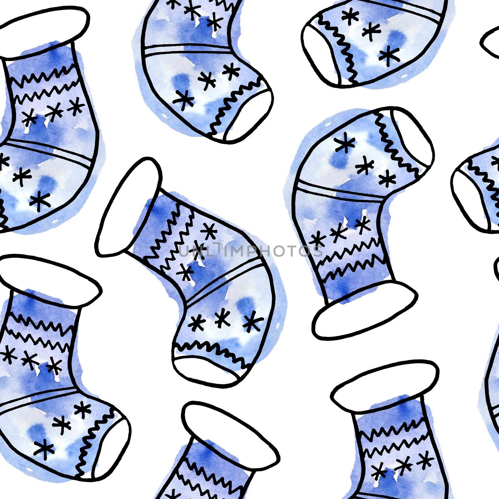 Watercolor seamless hand drawn pattern with Christmas New Year ornaments socks blue turquoise on white background. Black doodle lines trendy modern cartoon style contemporary winter december design. by Lagmar