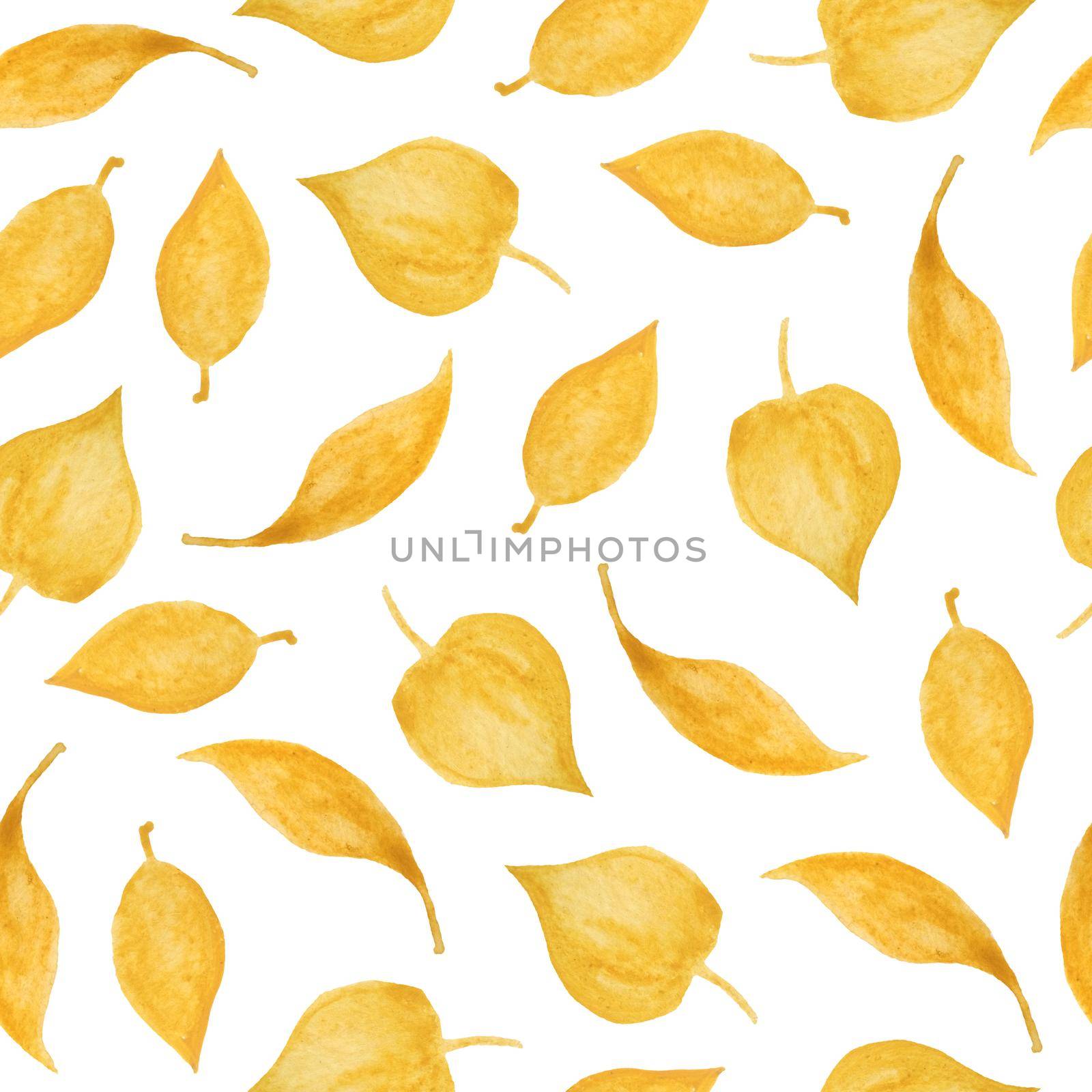 Seamless hand drawn watercolor pattern with ochre yellow wild herbs leaves in wood woodland forest. Organic natural plants, floral botanical design for wallpapers textile wrapping paper. Fall autumn