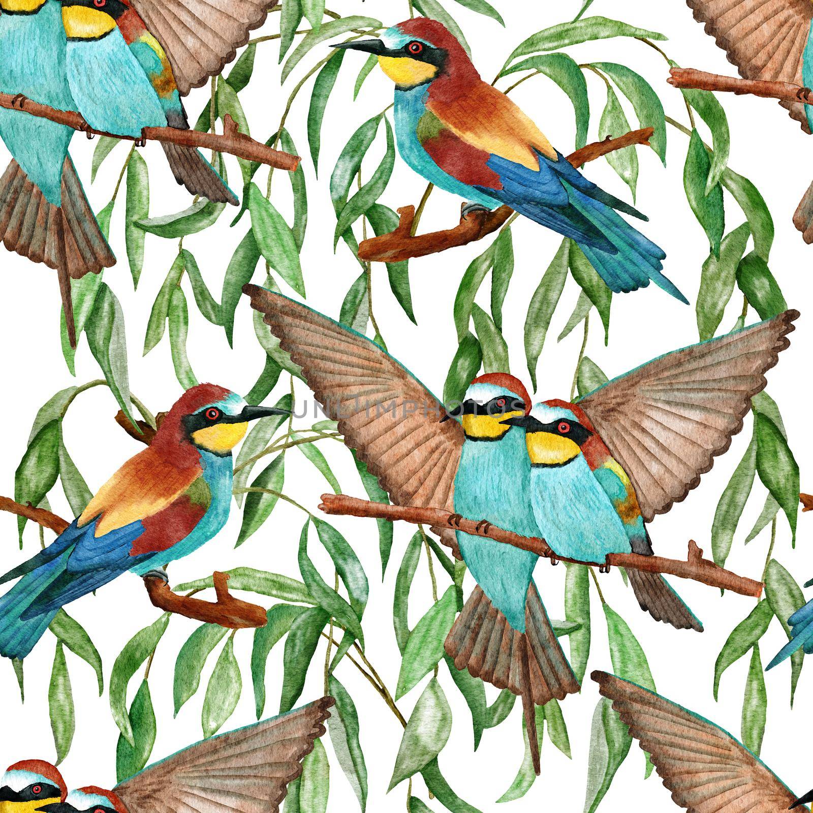 Watercolor seamless hand drawn pattern with kingfisher bee-eater birds in forest woodland. Willife natural vintage background with floral leaves greenery, bird flying design