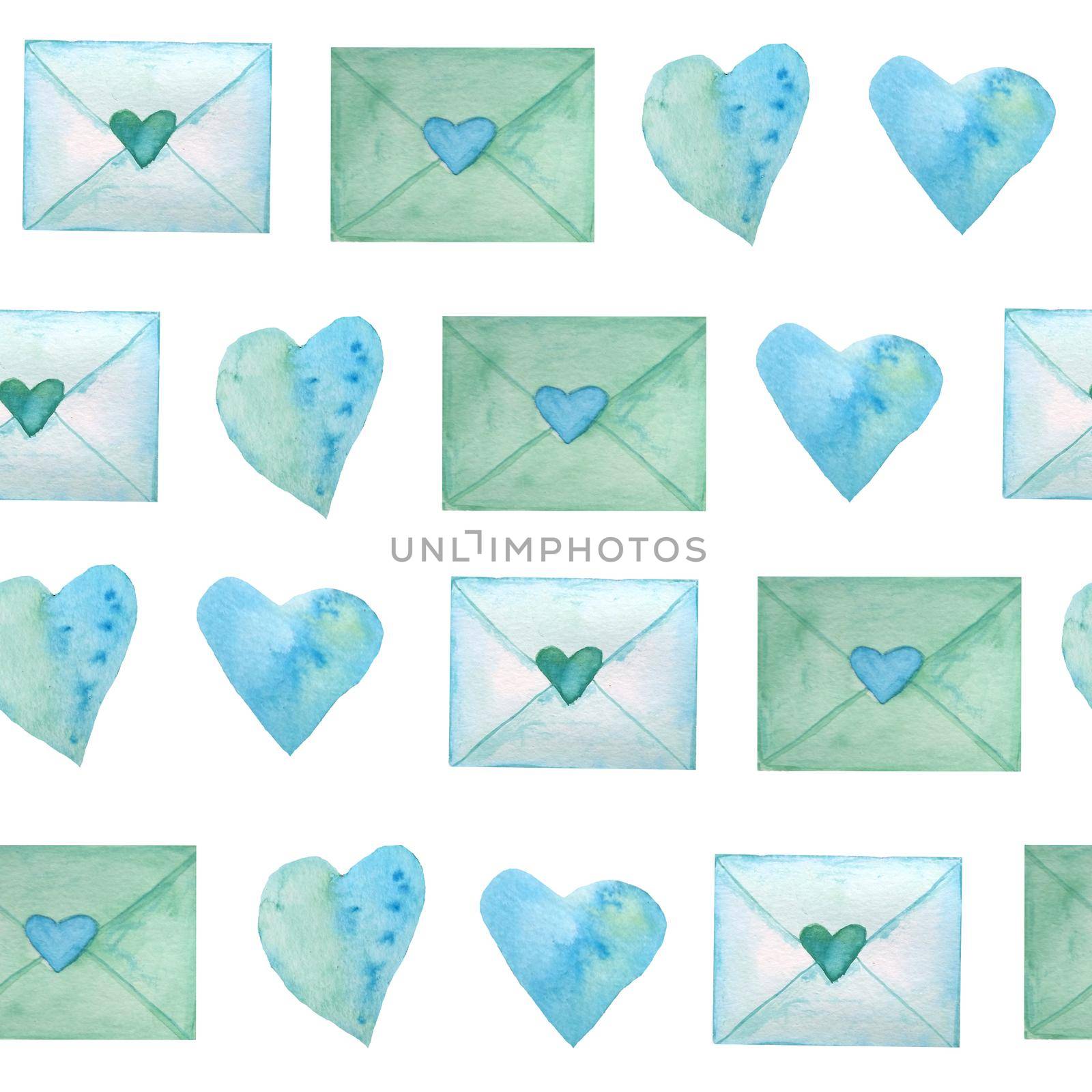 Seamless watercolor hand drawn pattern with green blue turquoise letters hearts for St Valentine Day fabric textile wrapping paper. Elegant design background for love celebration wedding. Modern print