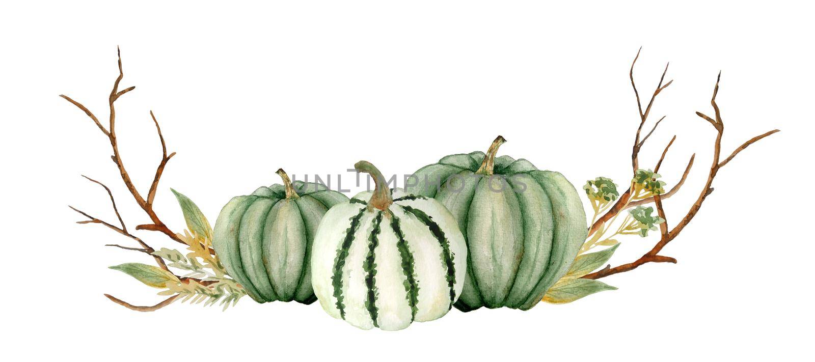 Watercolor hand drawn composition illustration of green neutral pumpkins, wood forest leaves and brown branches. For Halloween thanksgiving design in soft minimalism elegant style, woodland nature