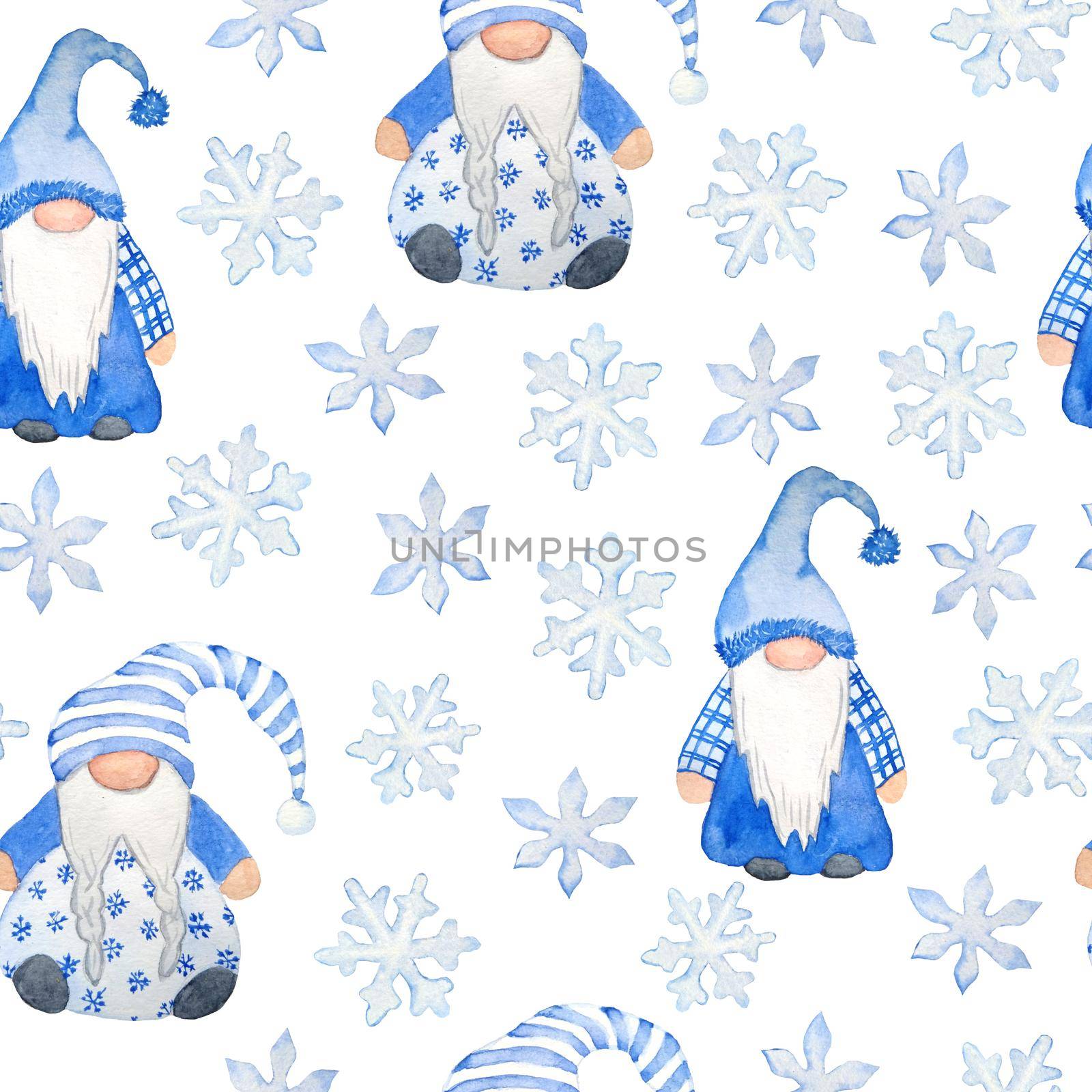 Watercolor seamless pattern with Christmas scandinavian nordic gnomes and snwflakes snow. Blue grey neutral design for new year wrapping paper textile cards. Winter celebration cartoon illustration. by Lagmar