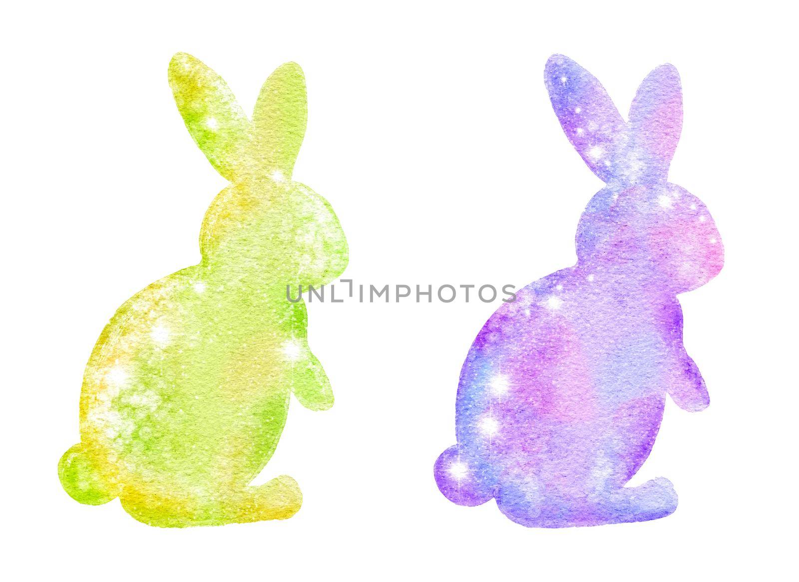 Watercolor Easter bunnies rabbits with shiny shimmering glitter texture, pastel colors design. April spring religious celebration, for cards invitations prints